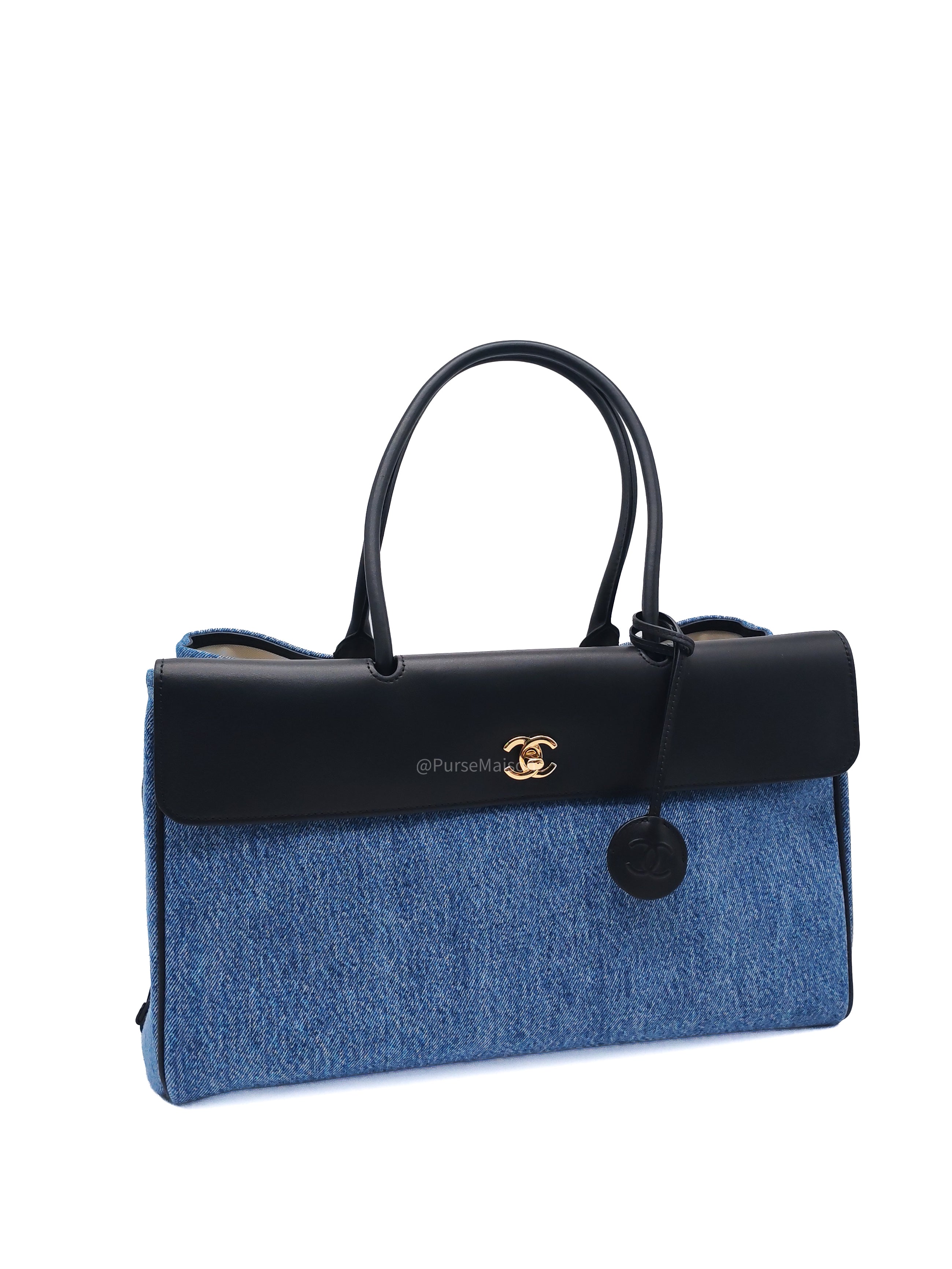Chanel 26 Urban Essential Matthieu Blazy Large Tote Bag in Black Calfskin Leather and Denim Canvas Light Gold Hardware (Microchip)