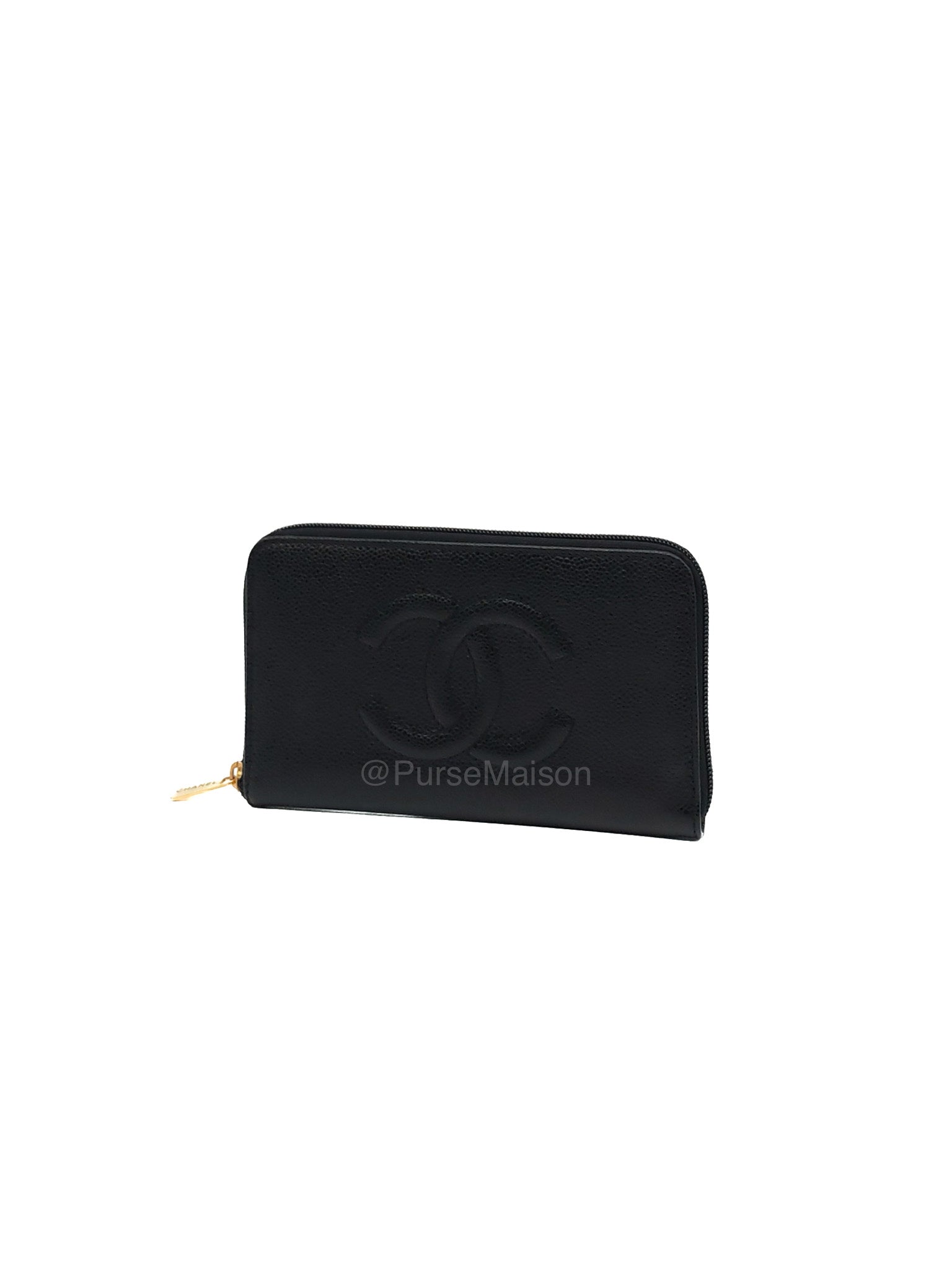 Chanel Timeless CC Zip Around Long Wallet in Black Caviar Leather and Gold Hardware Series 6
