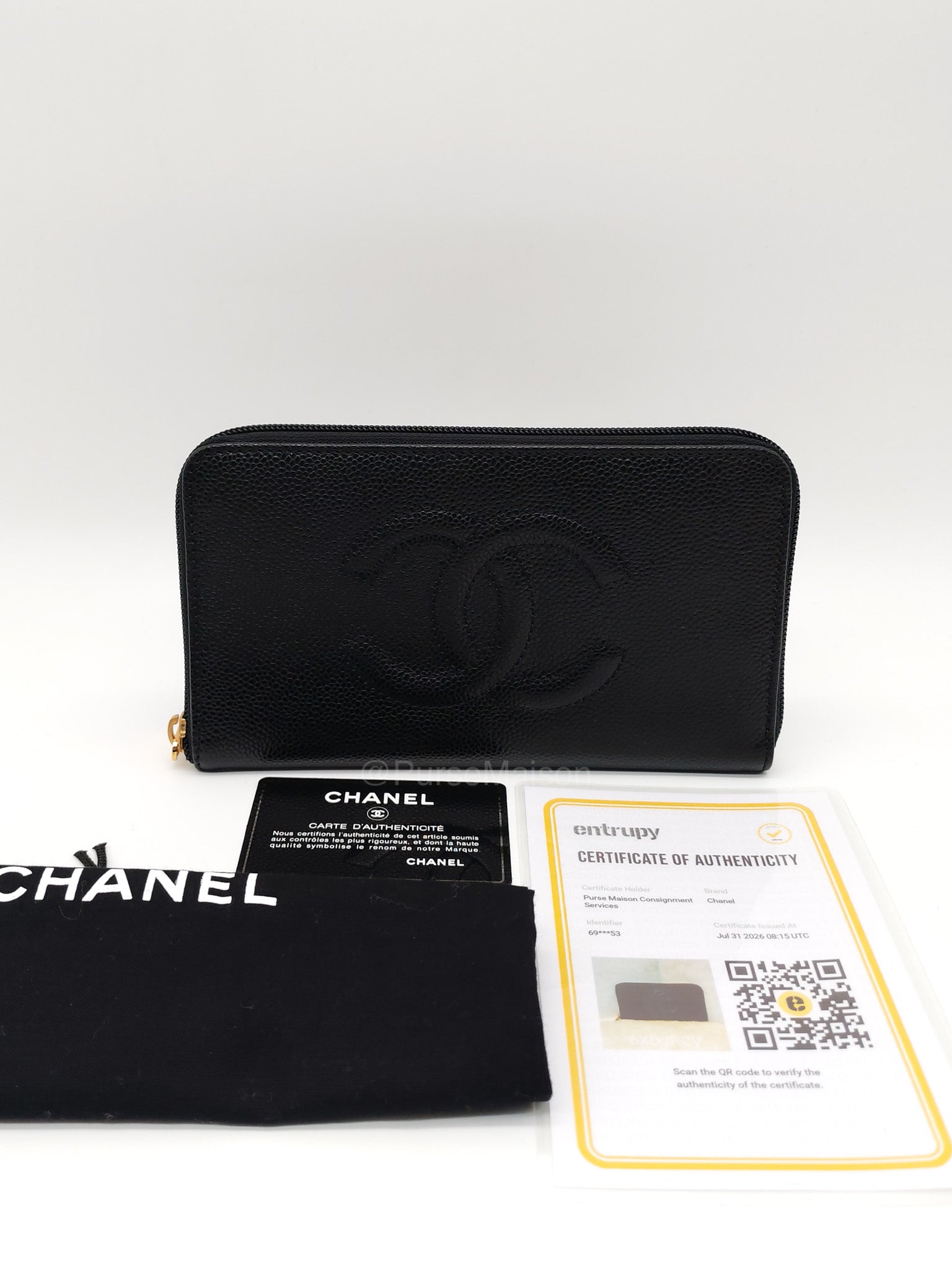 Chanel Timeless CC Zip Around Long Wallet in Black Caviar Leather and Gold Hardware Series 6