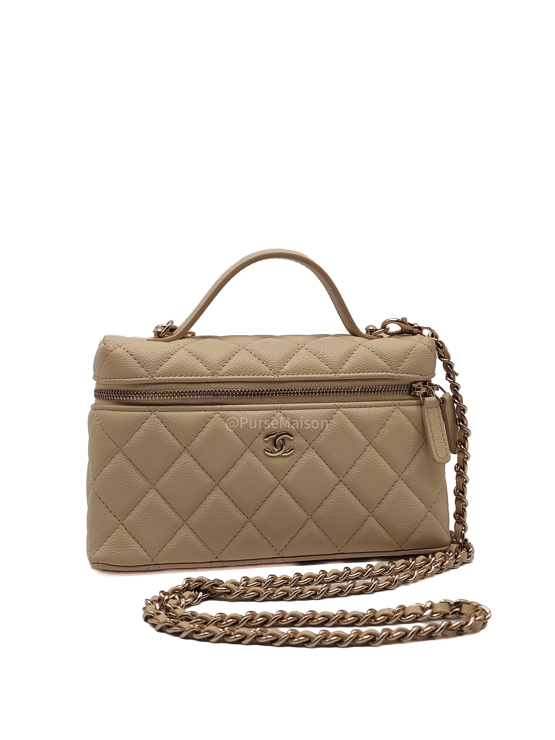 Chanel Top Handle Vanity Case in Light Beige Caviar Leather Light Gold Hardware (Microchip)