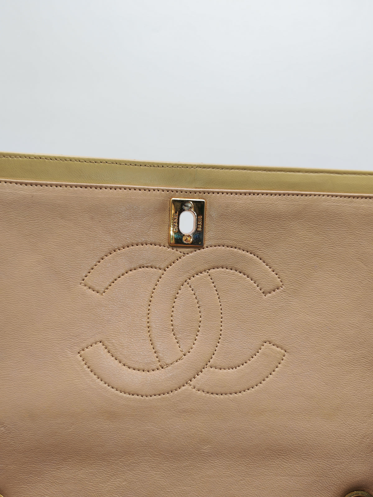 Chanel Vintage Timeless Classic Flap Bag in Beige Quilted Lambskin Leather and Gold Hardware Series 1