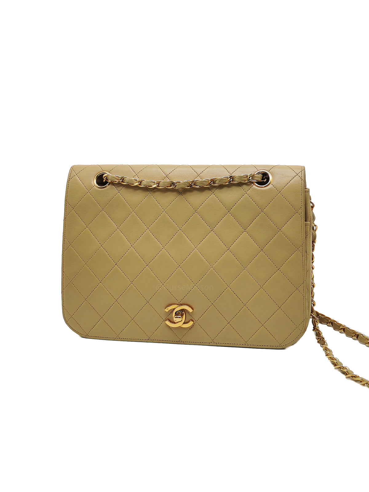 Chanel Vintage Timeless Classic Flap Bag in Beige Quilted Lambskin Leather and Gold Hardware Series 1