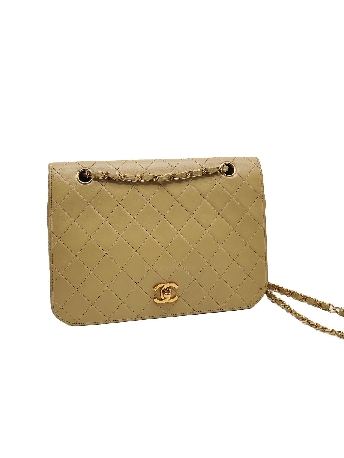 Chanel Vintage Timeless Classic Flap Bag in Beige Quilted Lambskin Leather and Gold Hardware Series 1