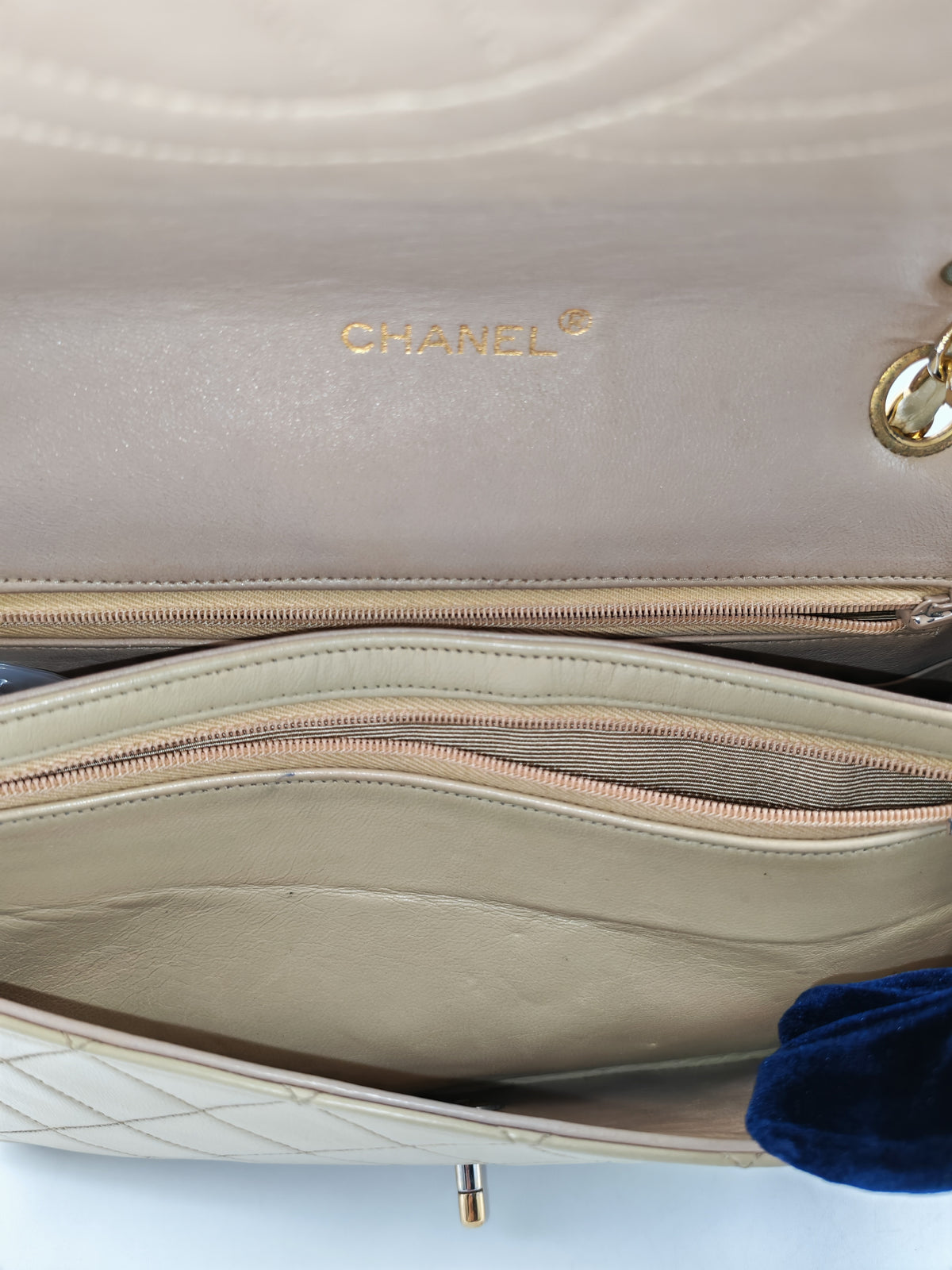 Chanel Vintage Timeless Classic Flap Bag in Beige Quilted Lambskin Leather and Gold Hardware Series 1