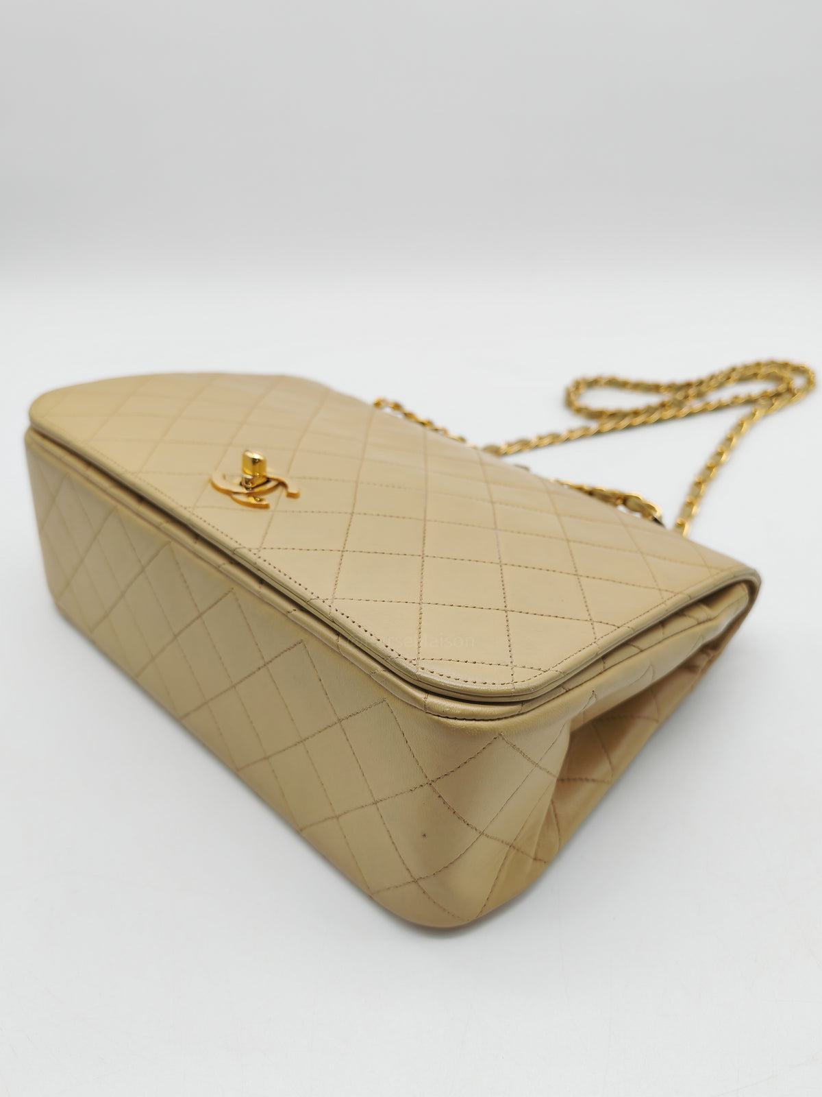 Chanel Vintage Timeless Classic Flap Bag in Beige Quilted Lambskin Leather and Gold Hardware Series 1