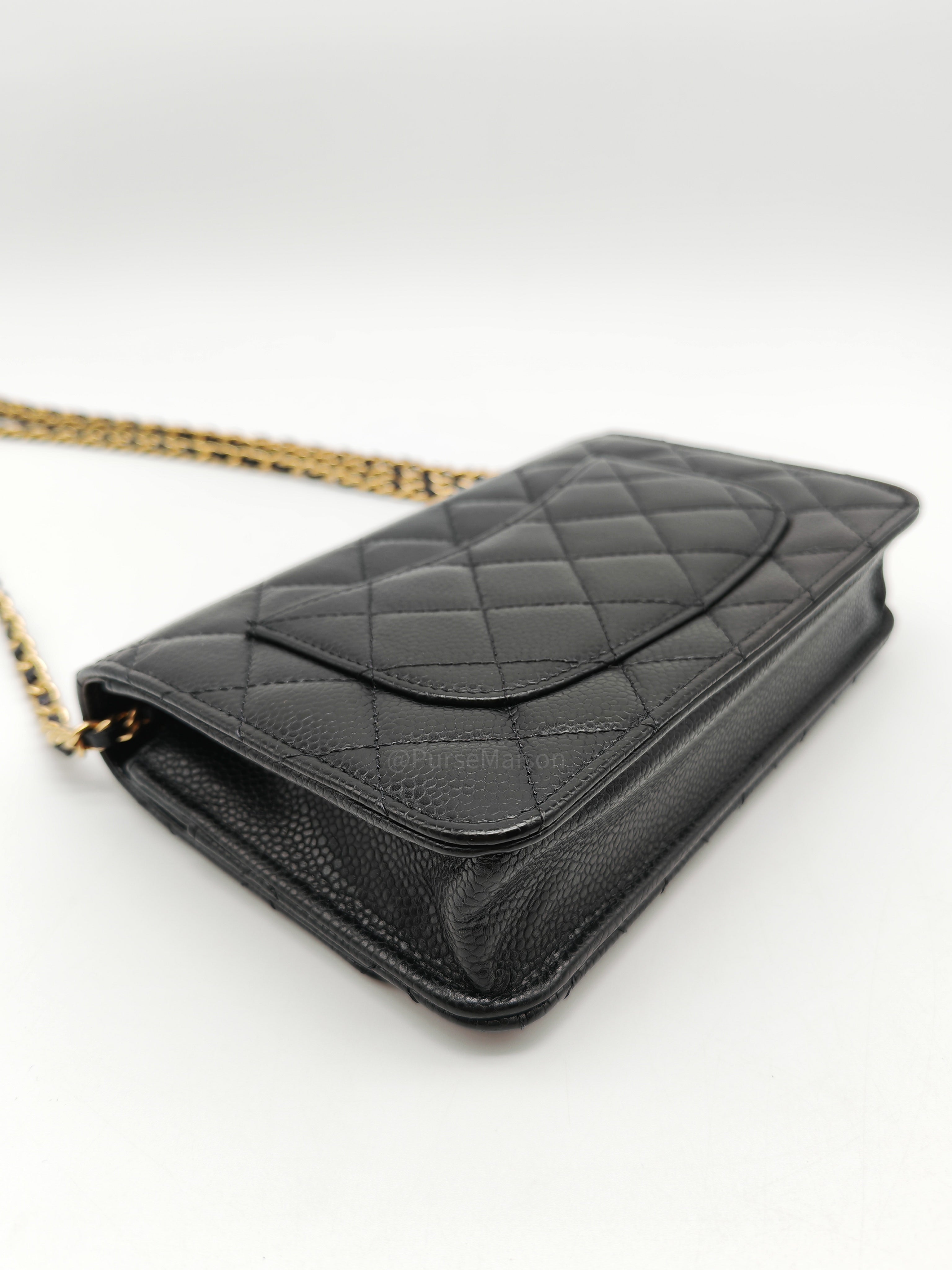 Chanel Wallet on Chain (WOC) in Black Quilted Caviar Leather and Gold Hardware Microchip