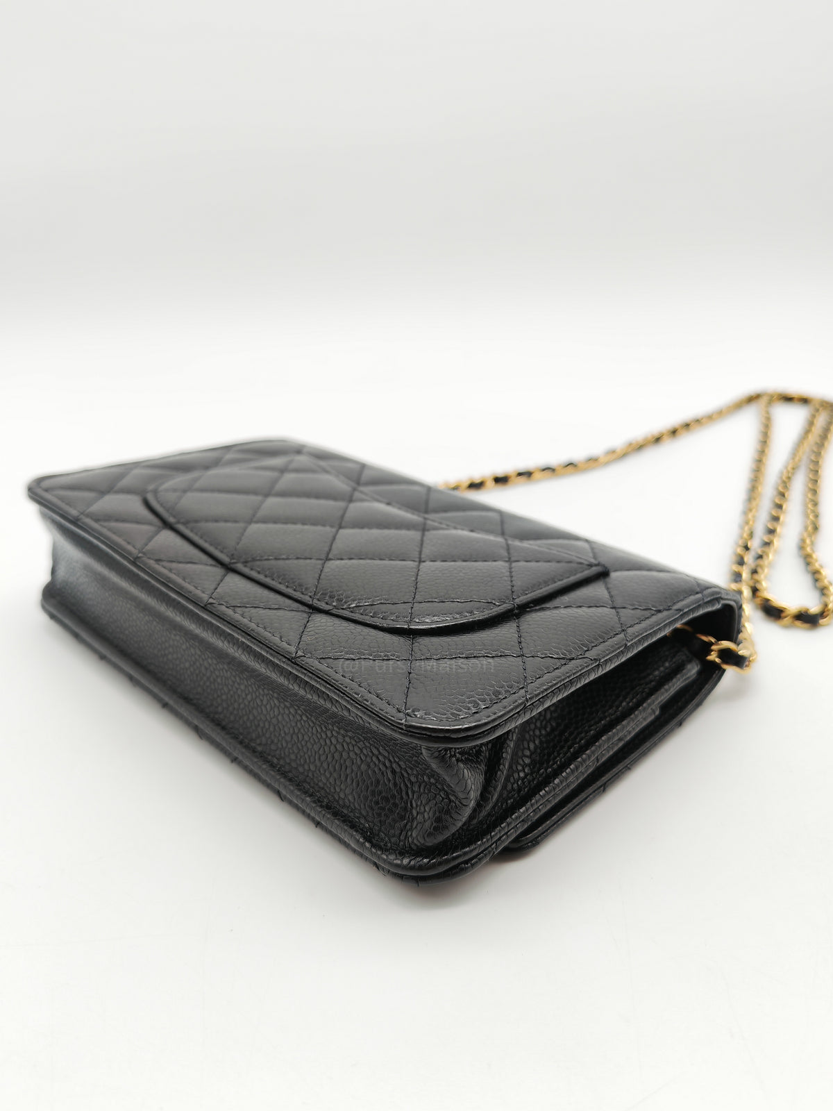 Chanel Wallet on Chain (WOC) in Black Quilted Caviar Leather and Gold Hardware Microchip