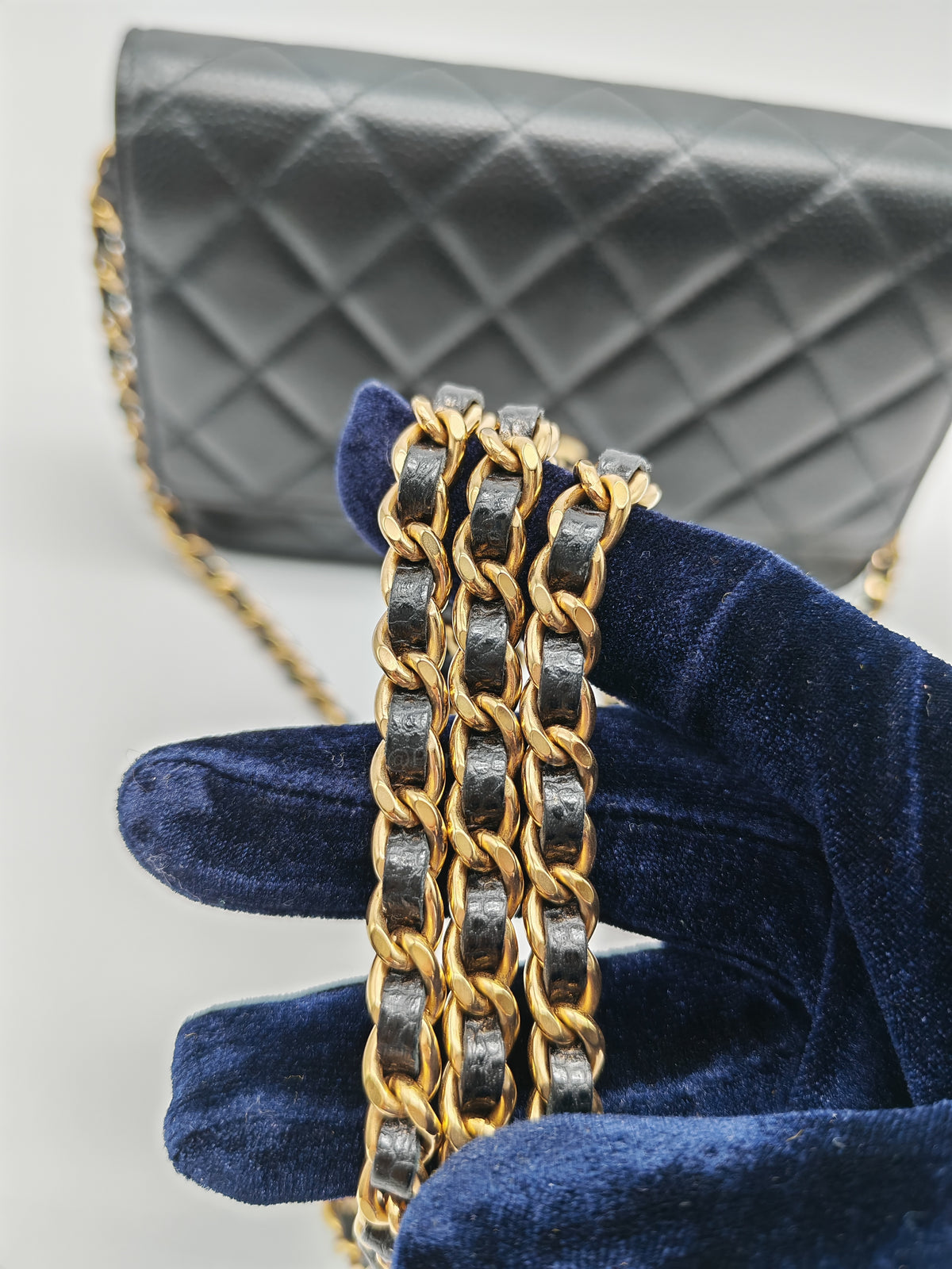 Chanel Wallet on Chain (WOC) in Black Quilted Caviar Leather and Gold Hardware Microchip