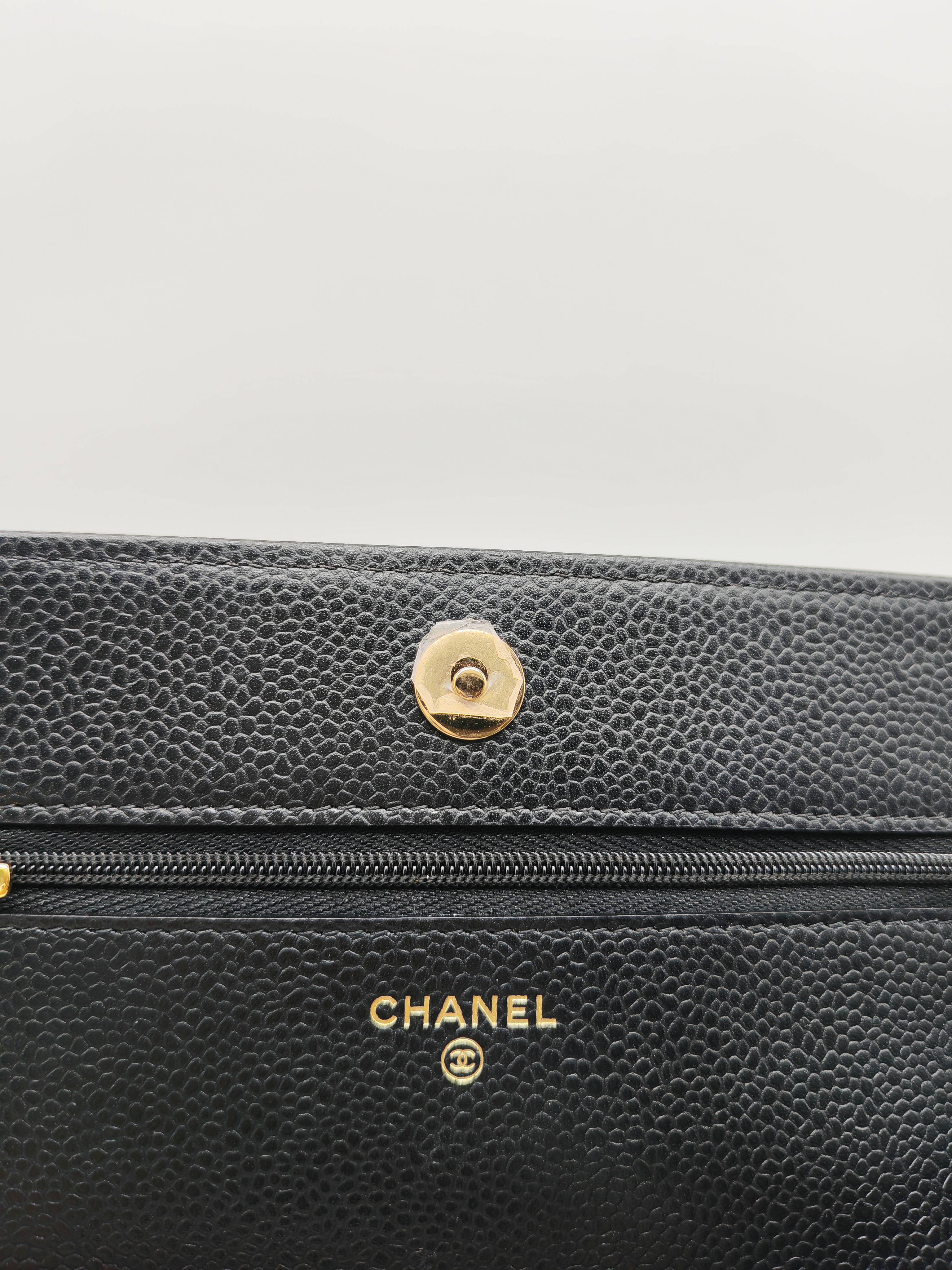Chanel Wallet on Chain (WOC) in Black Quilted Caviar Leather and Gold Hardware Microchip