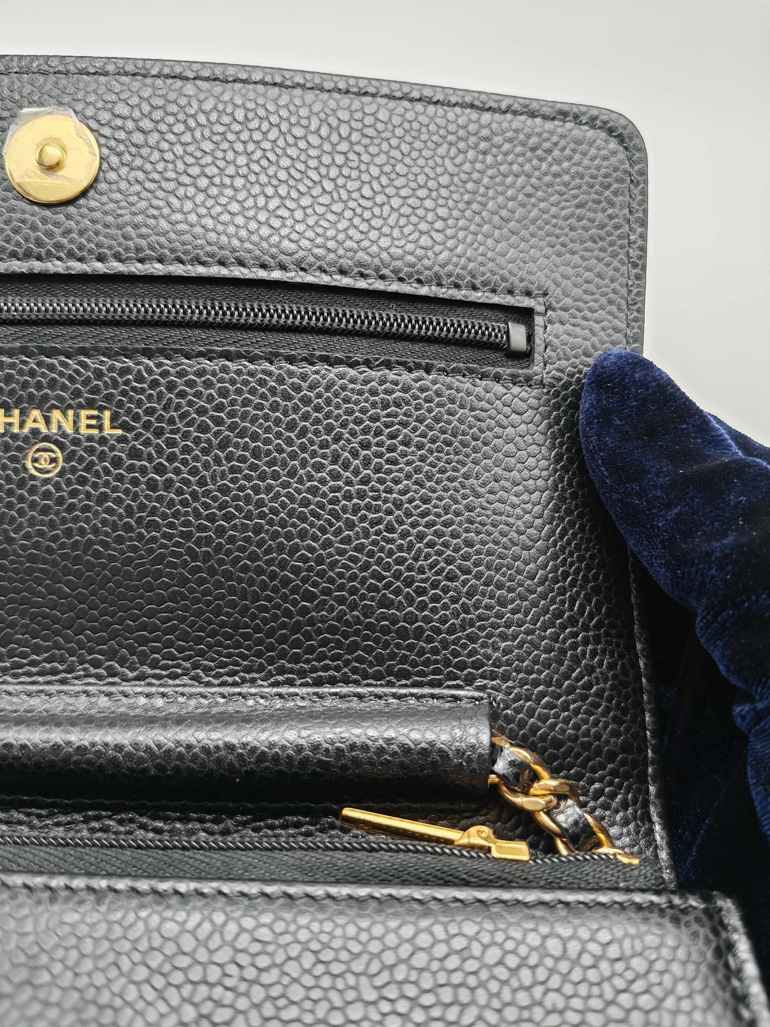 Chanel Wallet on Chain (WOC) in Black Quilted Caviar Leather and Gold Hardware Microchip