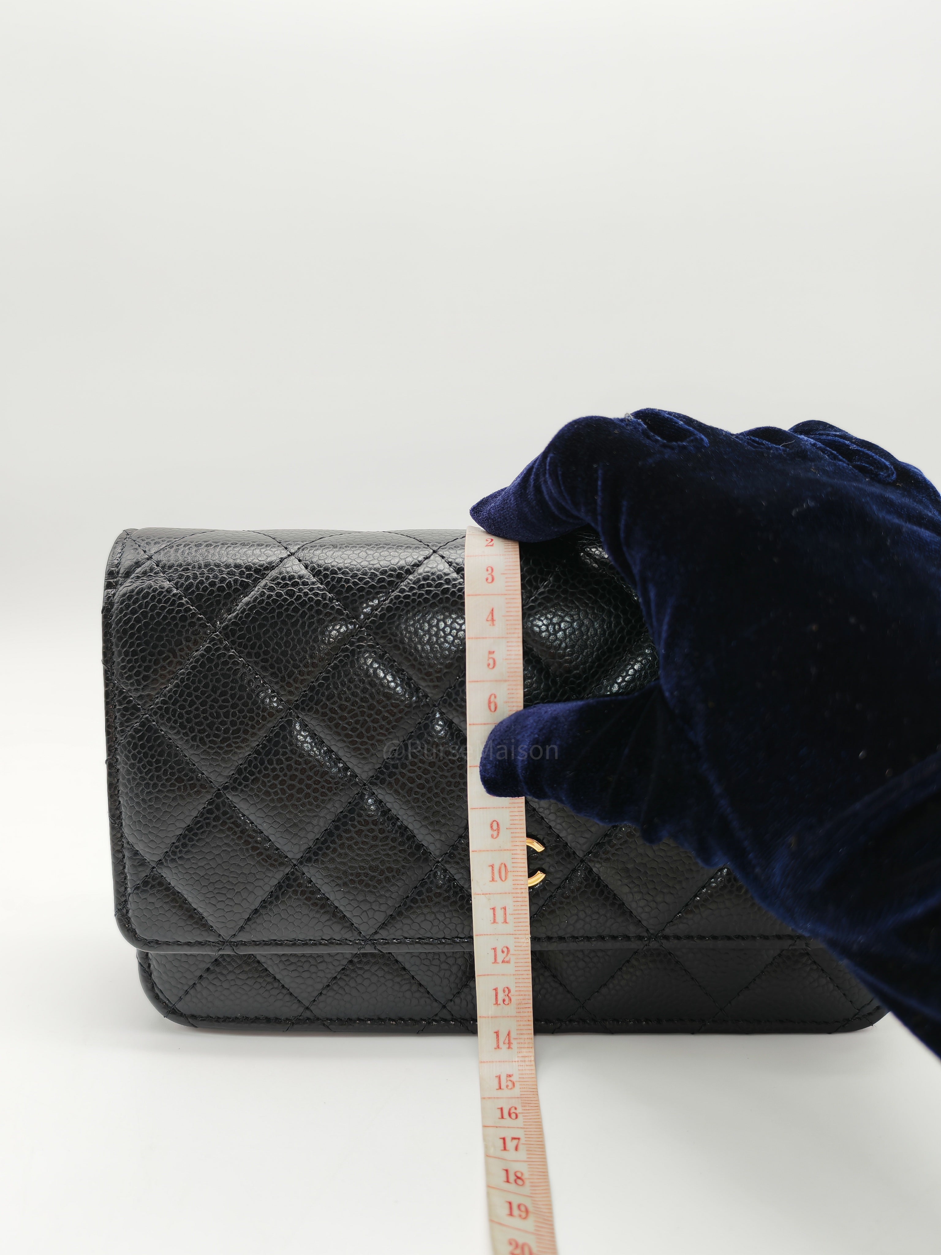 Chanel Wallet on Chain (WOC) in Black Quilted Caviar Leather and Gold Hardware Microchip