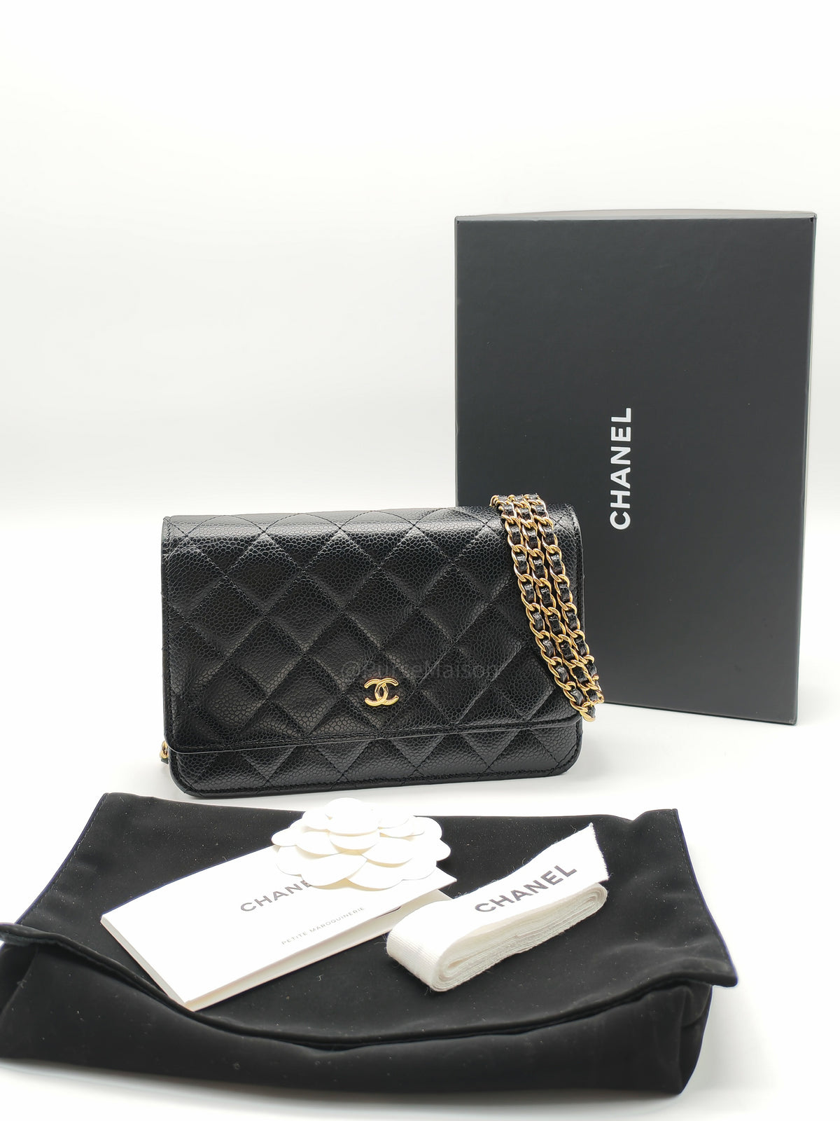 Chanel Wallet on Chain (WOC) in Black Quilted Caviar Leather and Gold Hardware Microchip