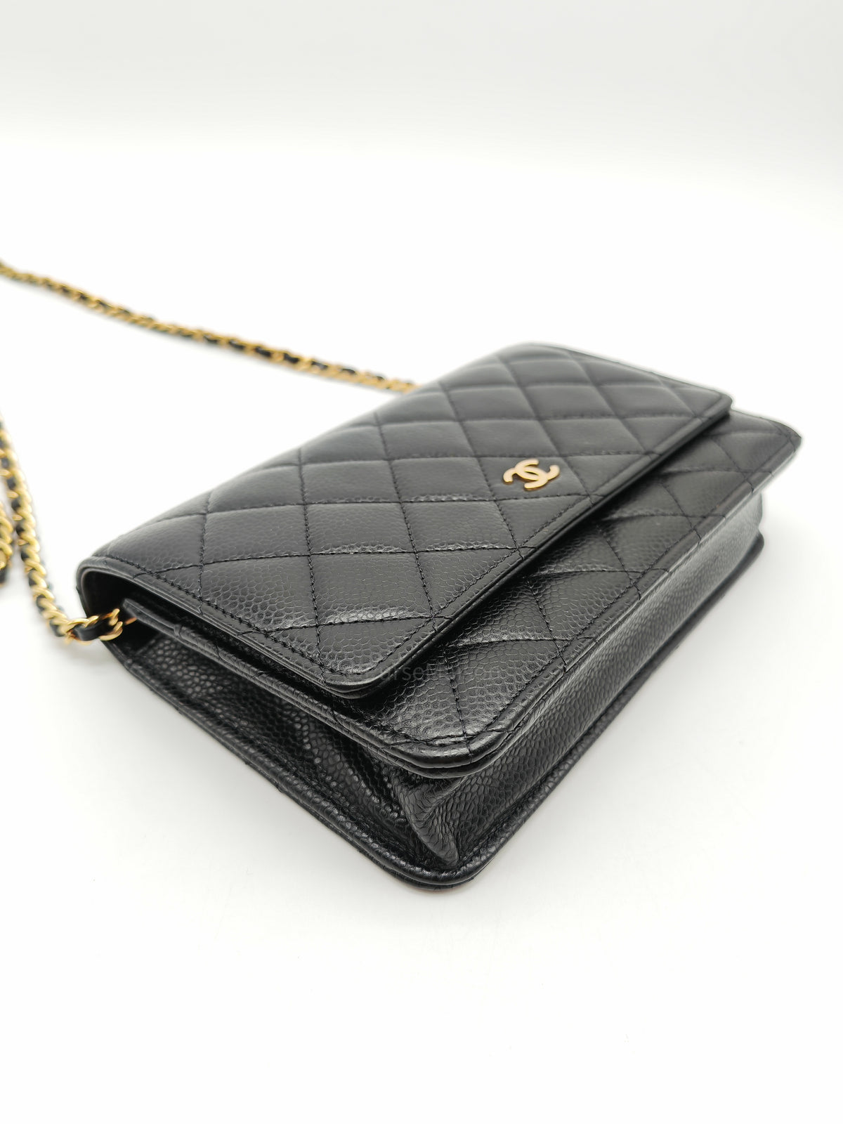 Chanel Wallet on Chain (WOC) in Black Quilted Caviar Leather and Gold Hardware Microchip