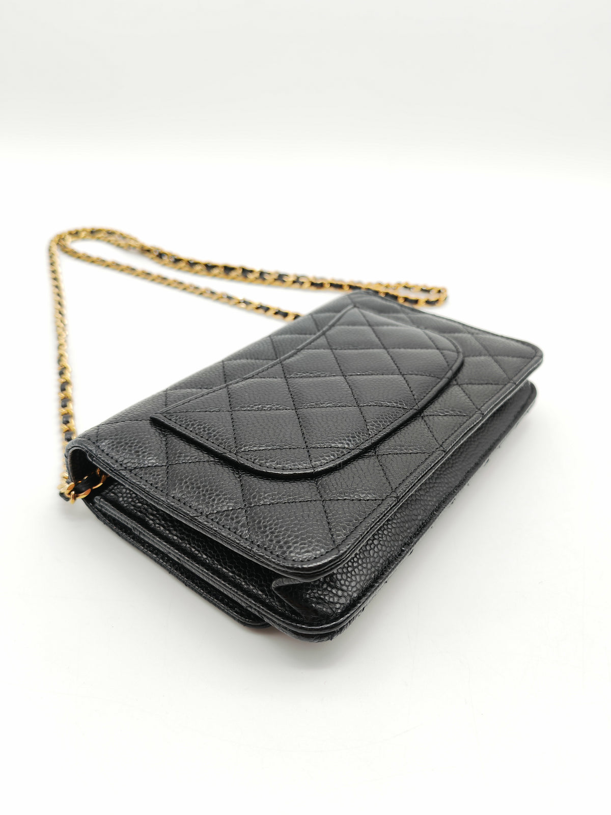 Chanel Wallet on Chain (WOC) in Black Quilted Caviar Leather & Gold Hardware Microchip