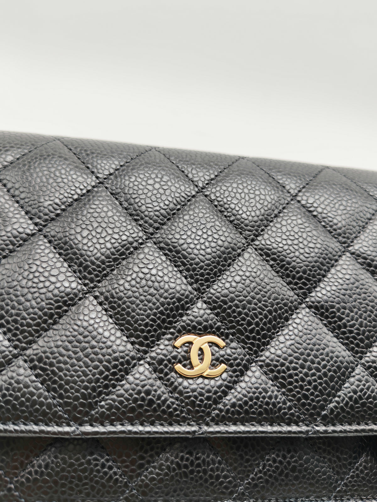 Chanel Wallet on Chain (WOC) in Black Quilted Caviar Leather & Gold Hardware Microchip