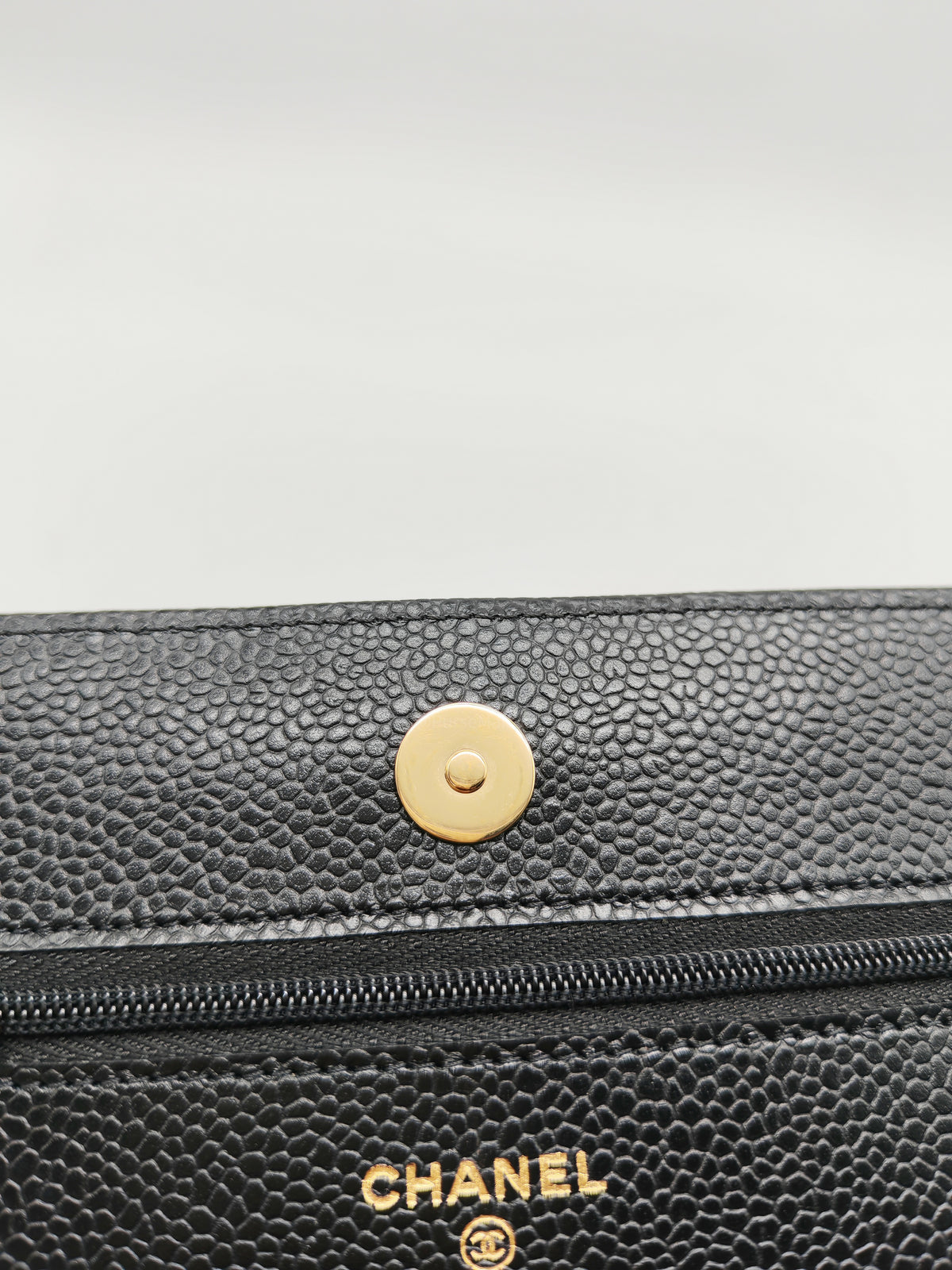 Chanel Wallet on Chain (WOC) in Black Quilted Caviar Leather & Gold Hardware Microchip