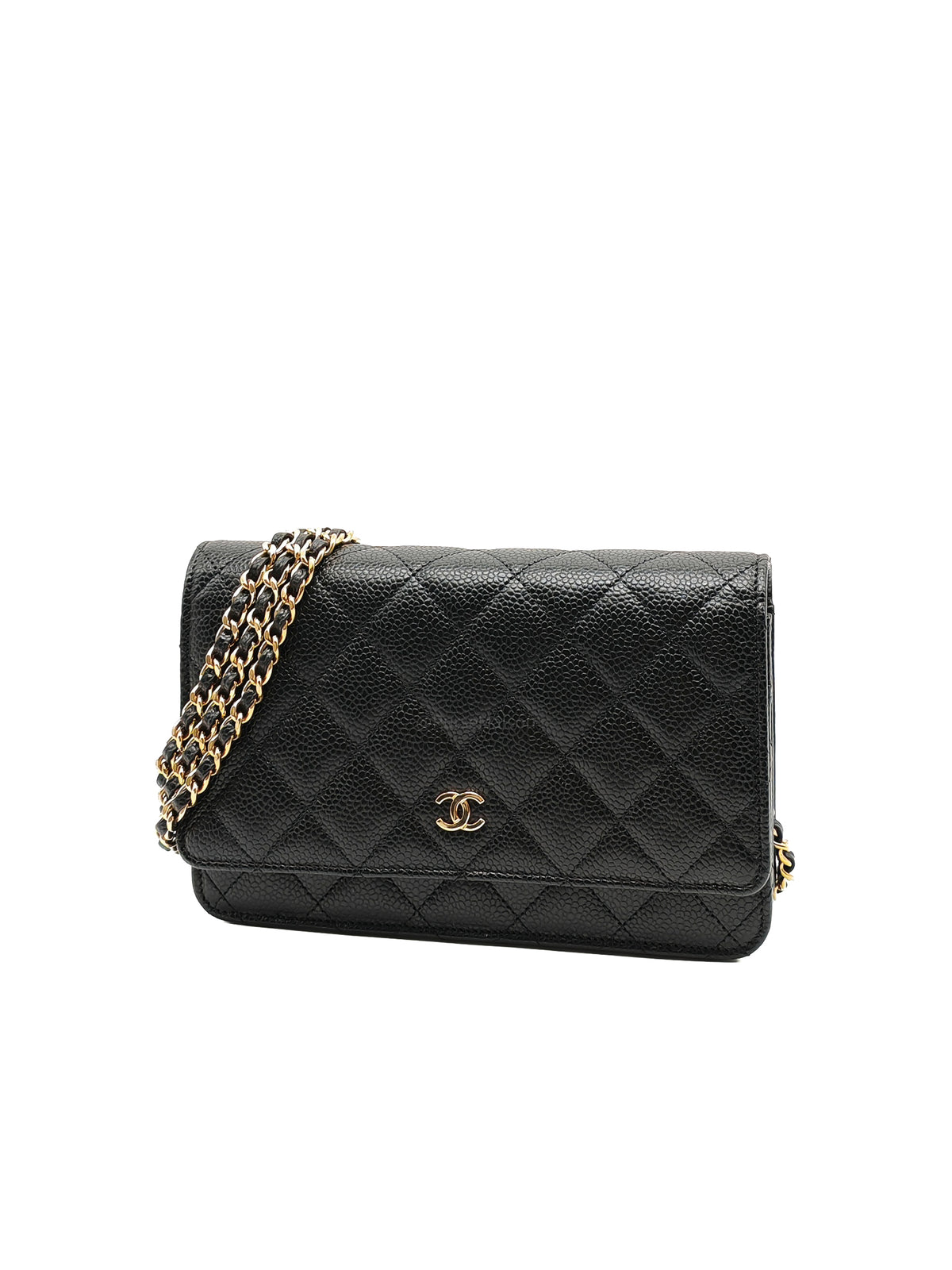 Chanel Wallet on Chain (WOC) in Black Quilted Caviar Leather & Gold Hardware Microchip