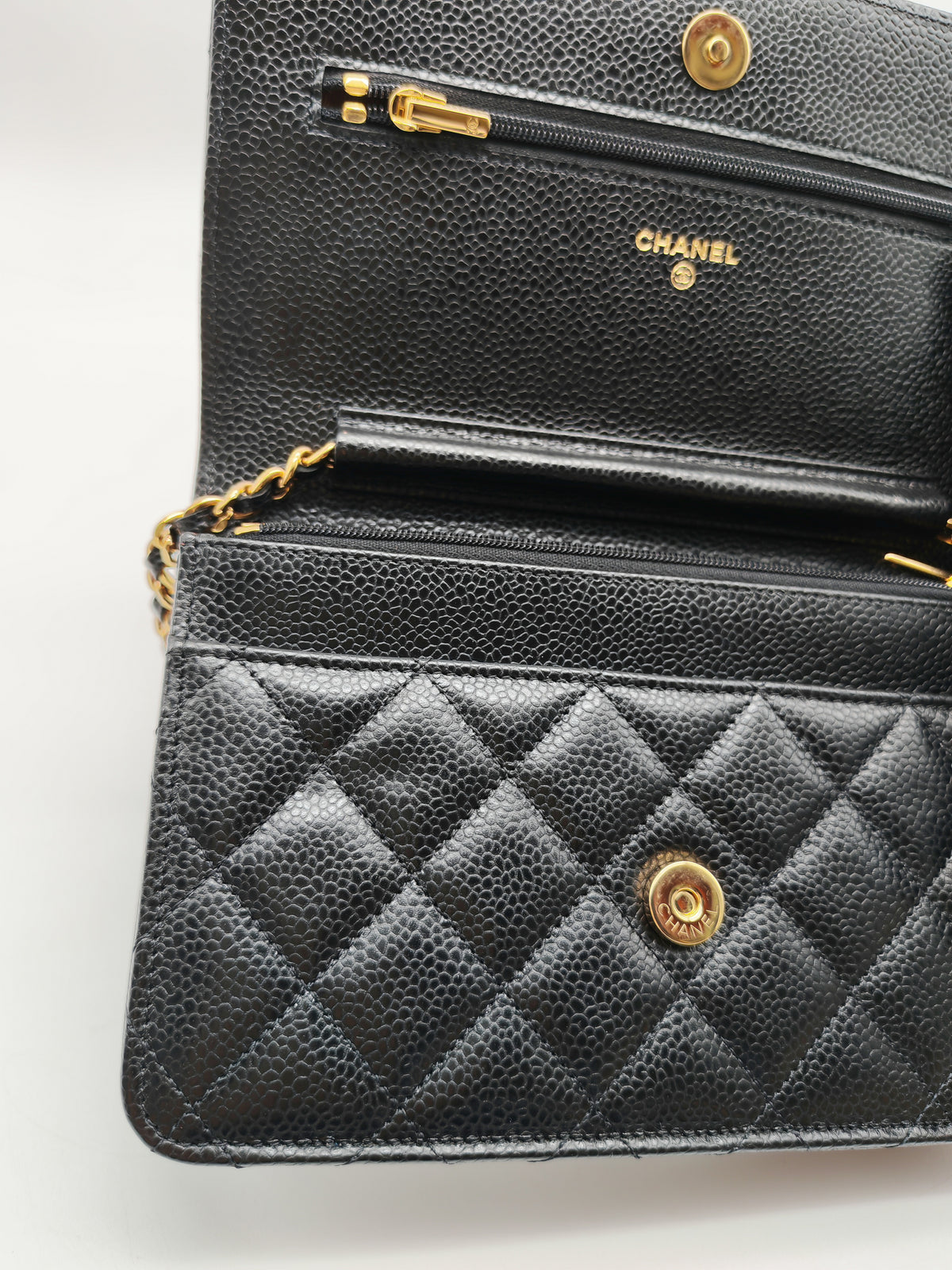 Chanel Wallet on Chain (WOC) in Black Quilted Caviar Leather & Gold Hardware Microchip