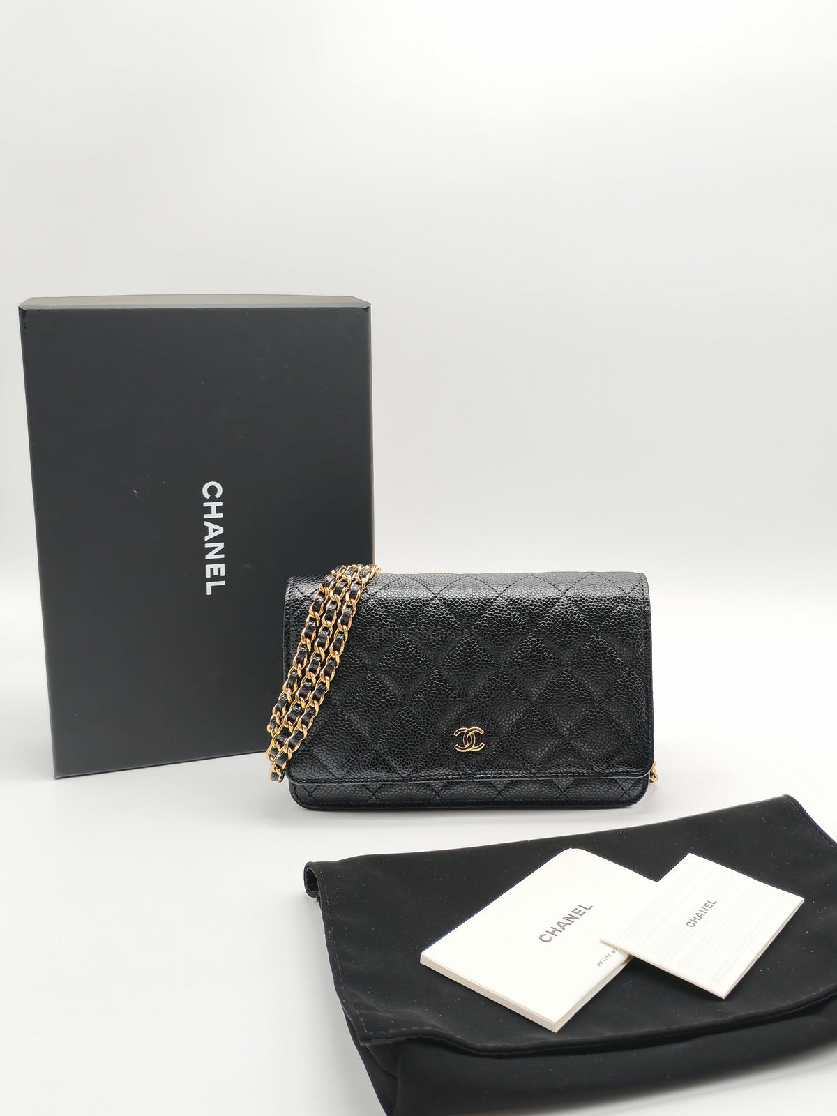 Chanel Wallet on Chain (WOC) in Black Quilted Caviar Leather & Gold Hardware Microchip