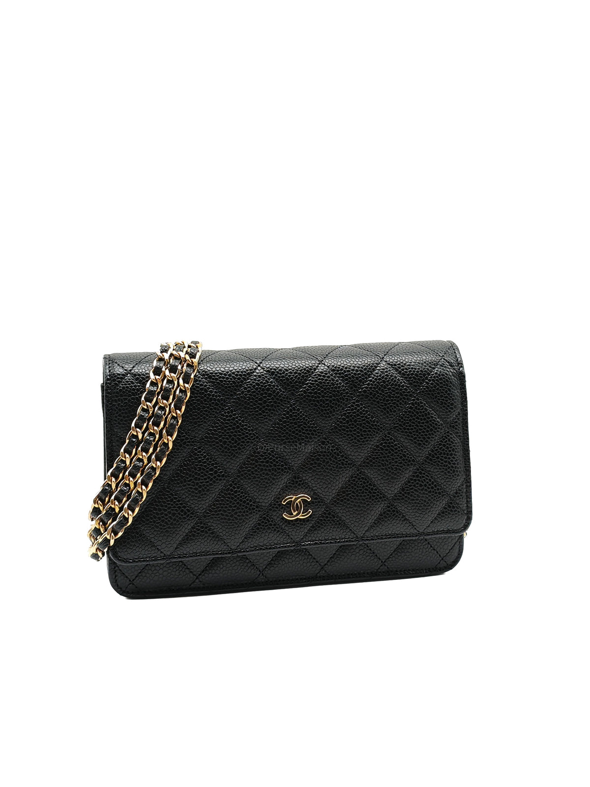 Chanel Wallet on Chain (WOC) in Black Quilted Caviar Leather & Gold Hardware Microchip