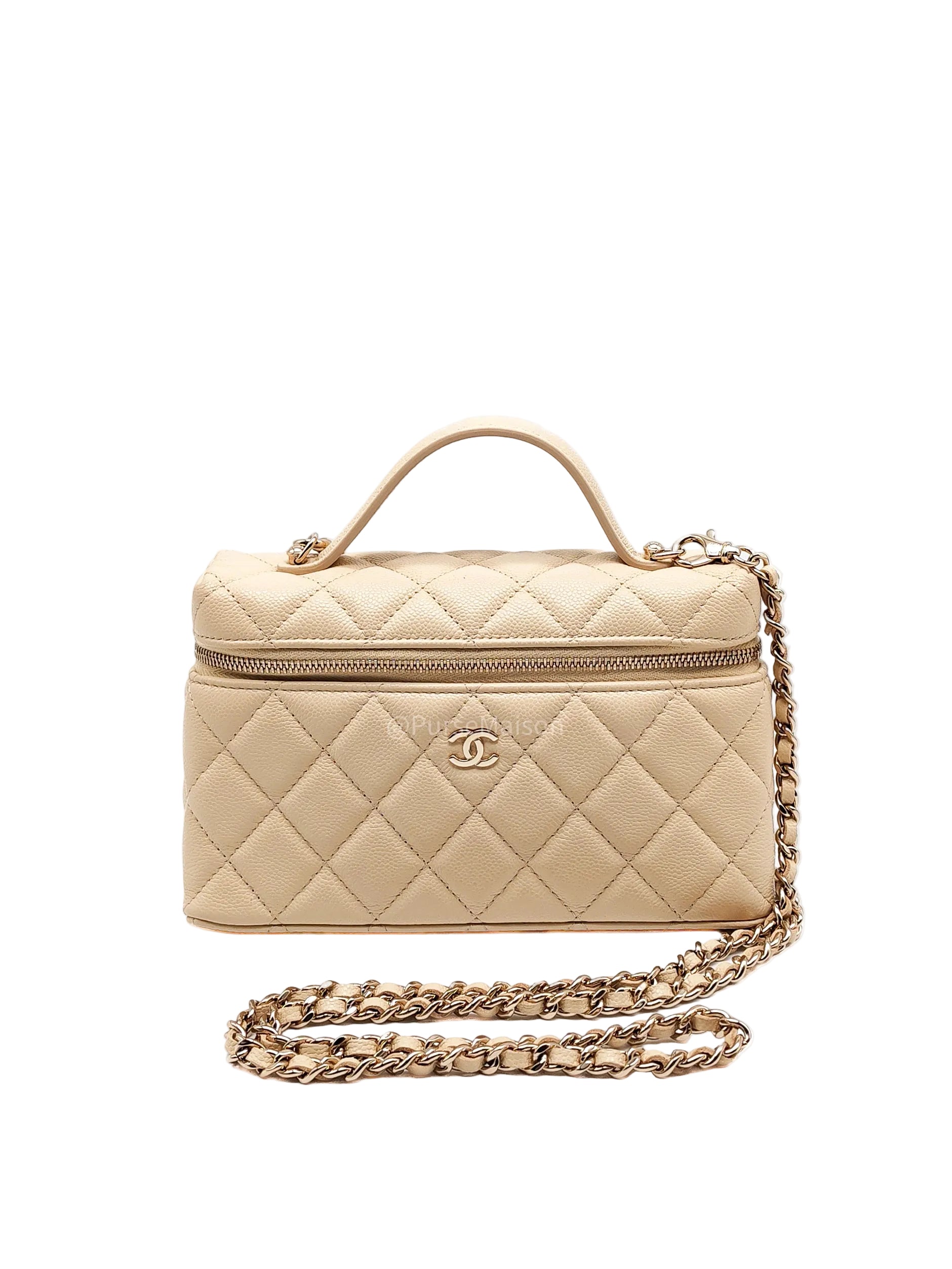 Chanel Top Handle Vanity Case in Light Beige Caviar Leather Light Gold Hardware (Microchip)