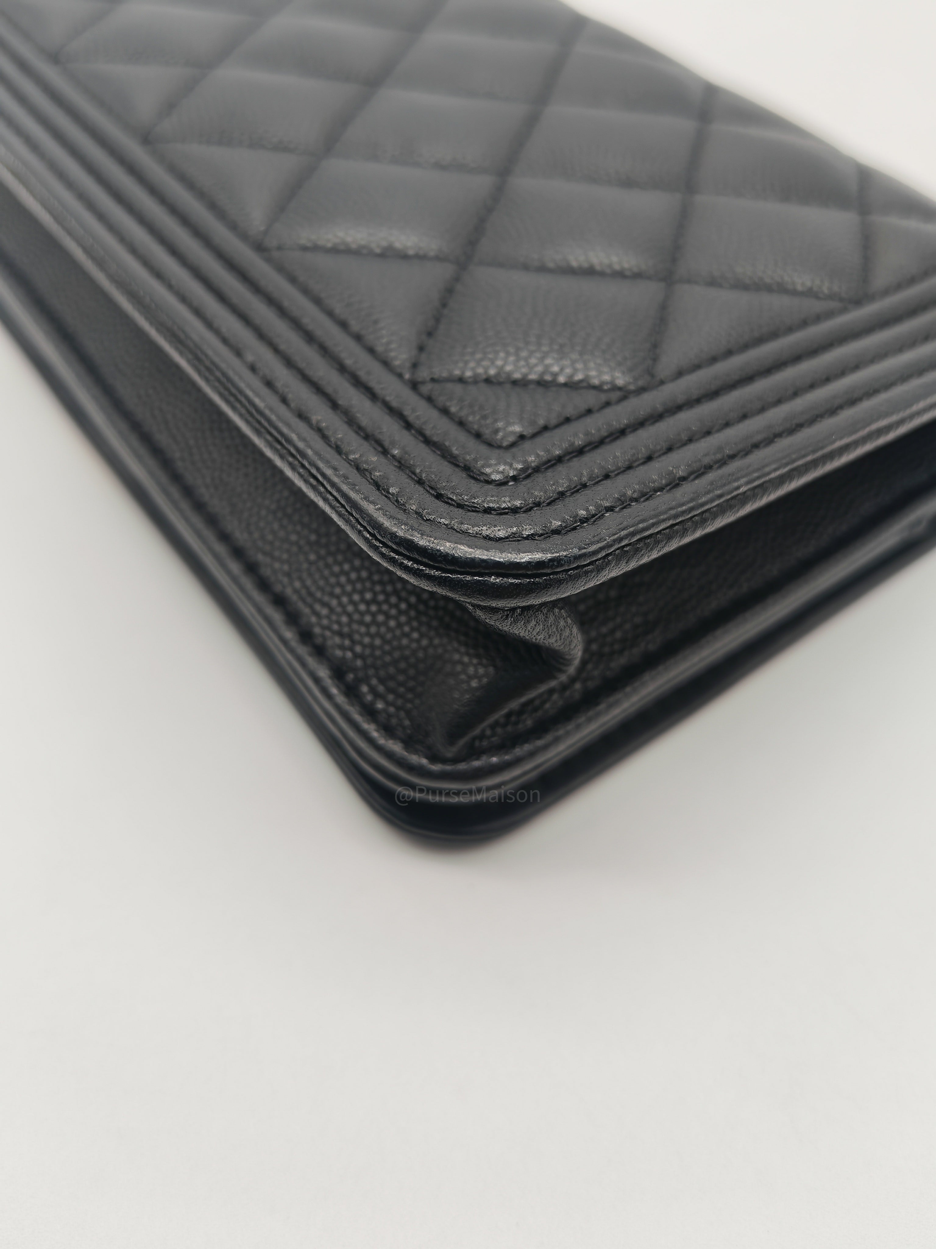 Chanel Boy Wallet On Chain in Black Quilted Caviar Leather and Aged Gold Hardware Microchip