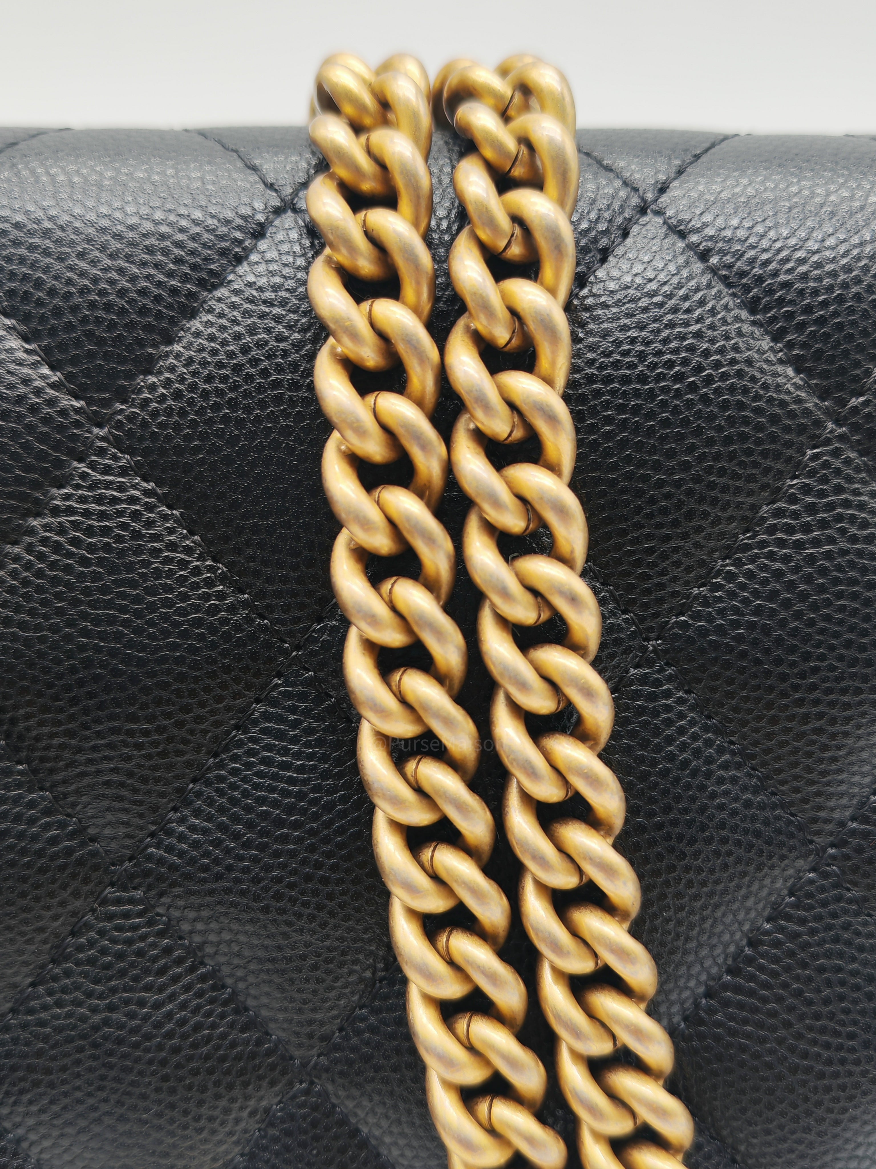 Chanel Boy Wallet On Chain in Black Quilted Caviar Leather and Aged Gold Hardware Microchip