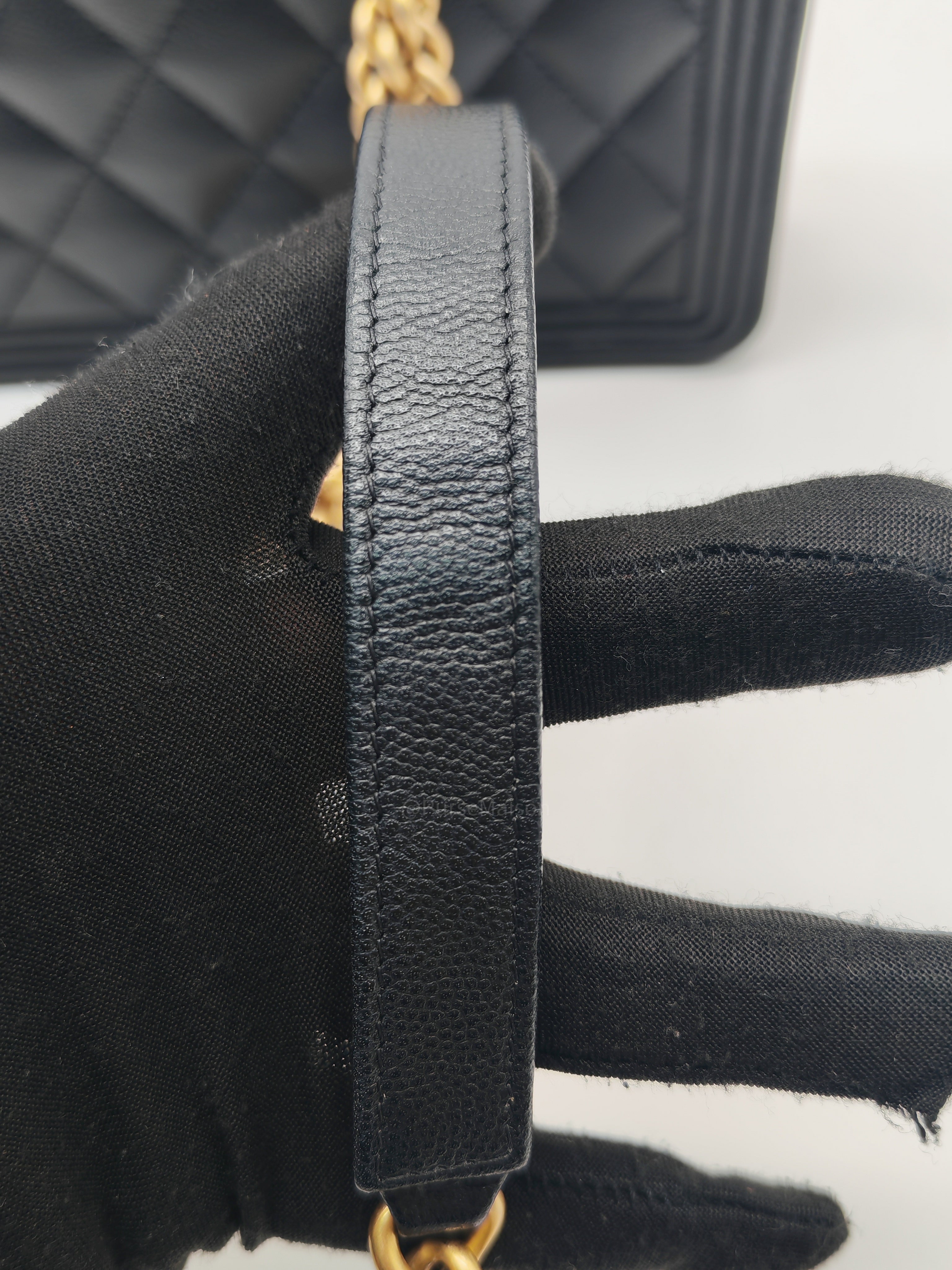 Chanel Boy Wallet On Chain in Black Quilted Caviar Leather and Aged Gold Hardware Microchip