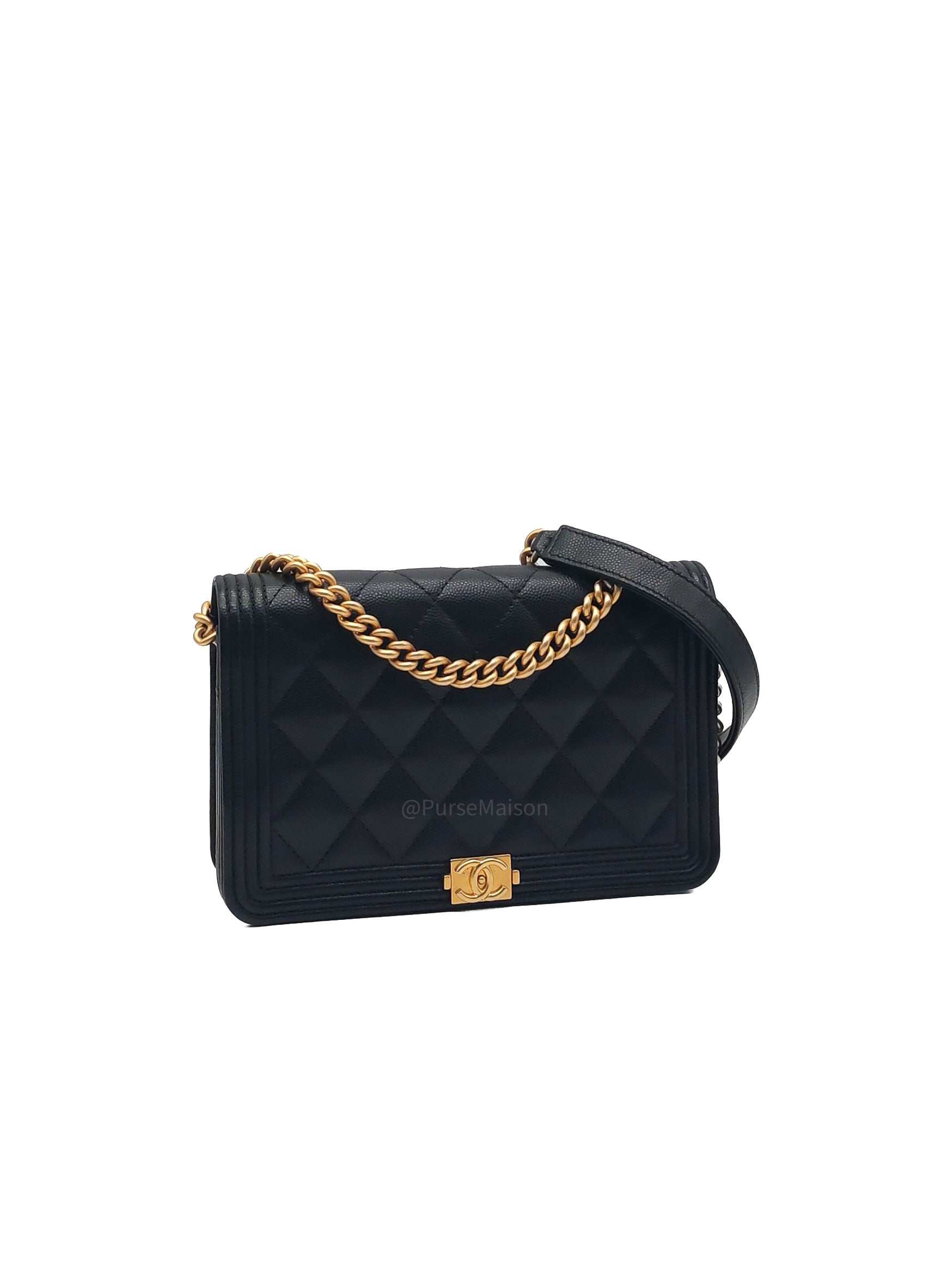 Chanel Boy Wallet On Chain in Black Quilted Caviar Leather and Aged Gold Hardware Microchip