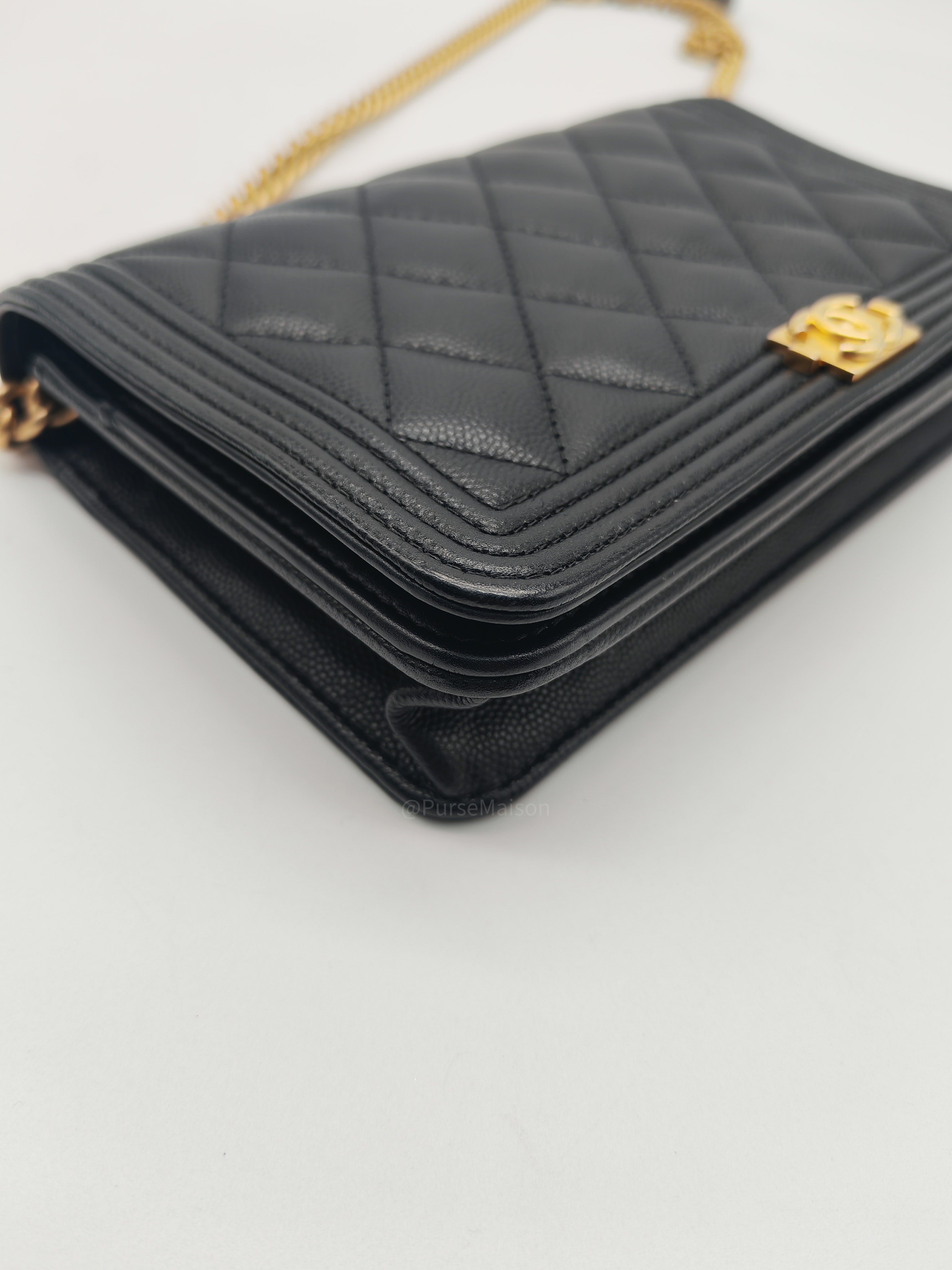 Chanel Boy Wallet On Chain in Black Quilted Caviar Leather and Aged Gold Hardware Microchip
