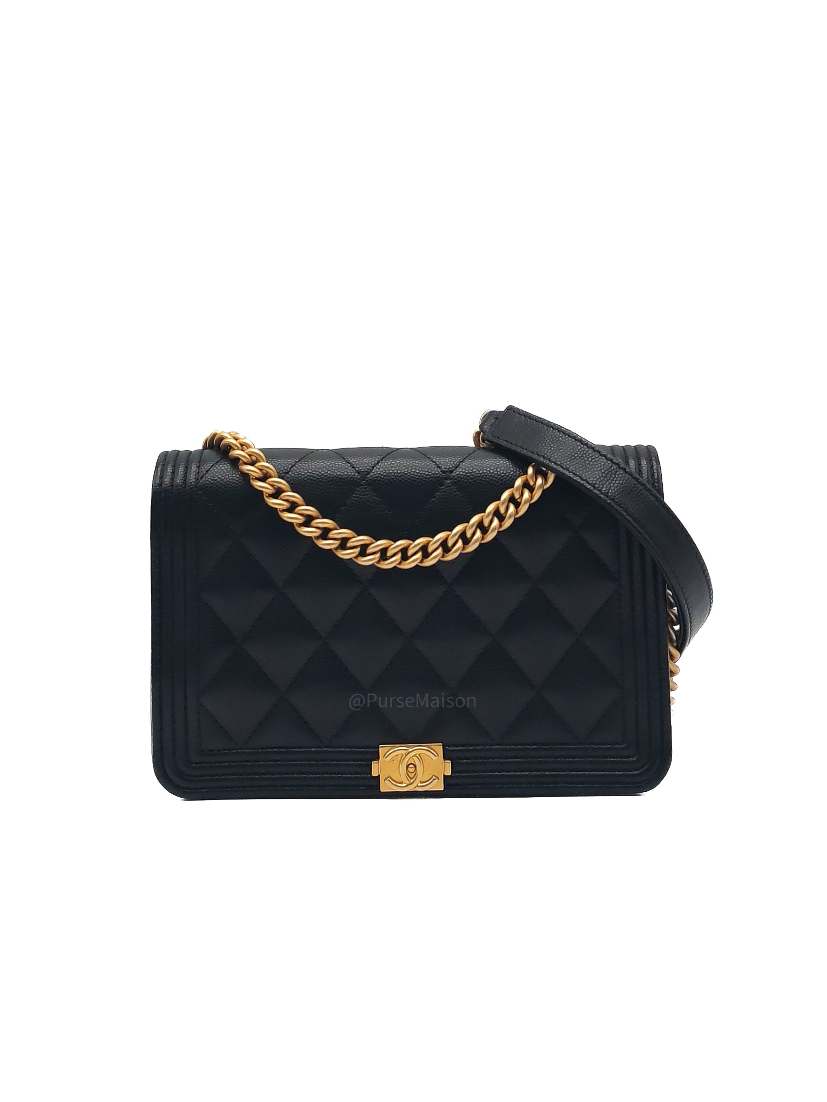 Chanel Boy Wallet On Chain in Black Quilted Caviar Leather and Aged Gold Hardware Microchip