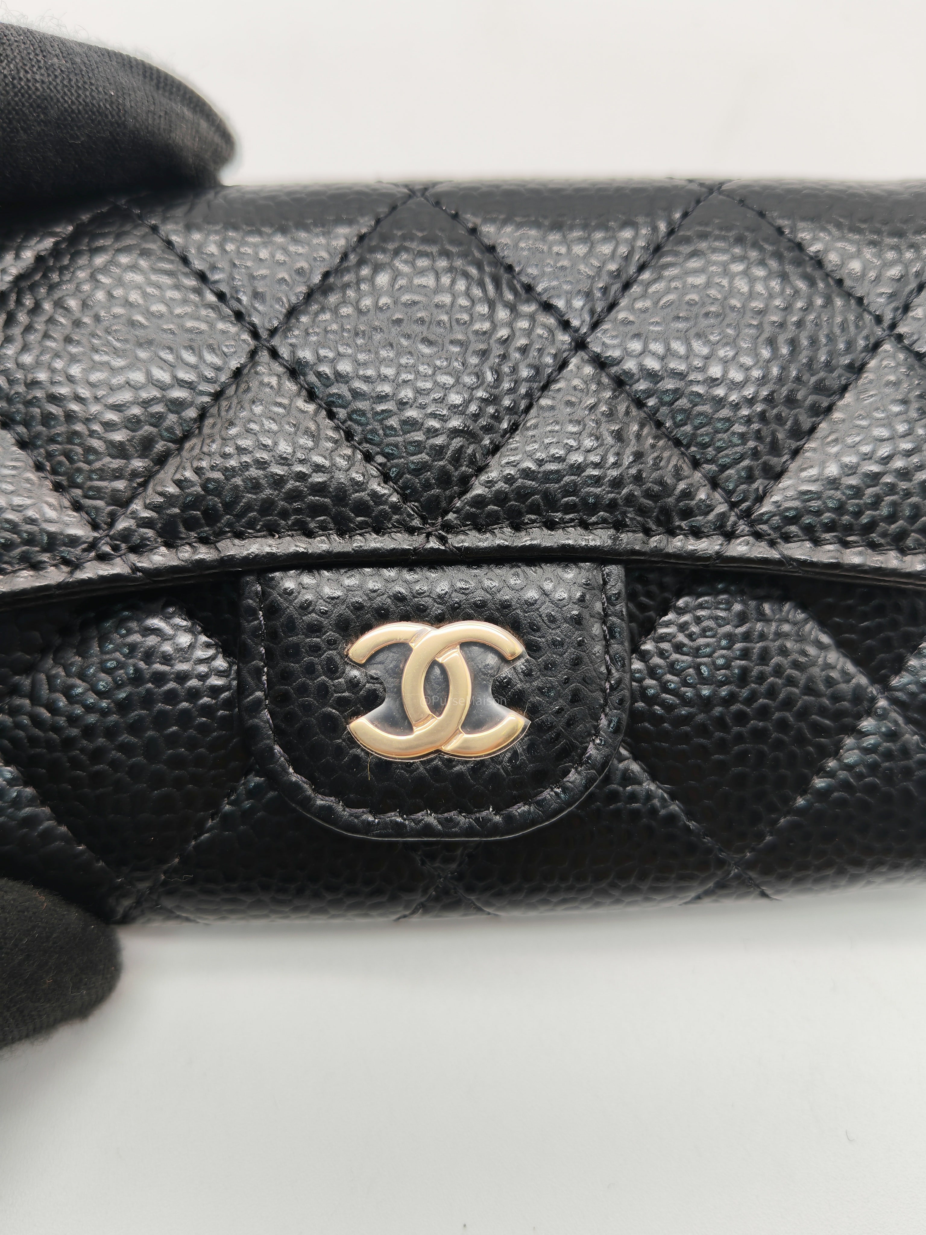 Chanel Classic Flap Card Holder in Black Caviar Leather and Gold Hardware (Microchip)