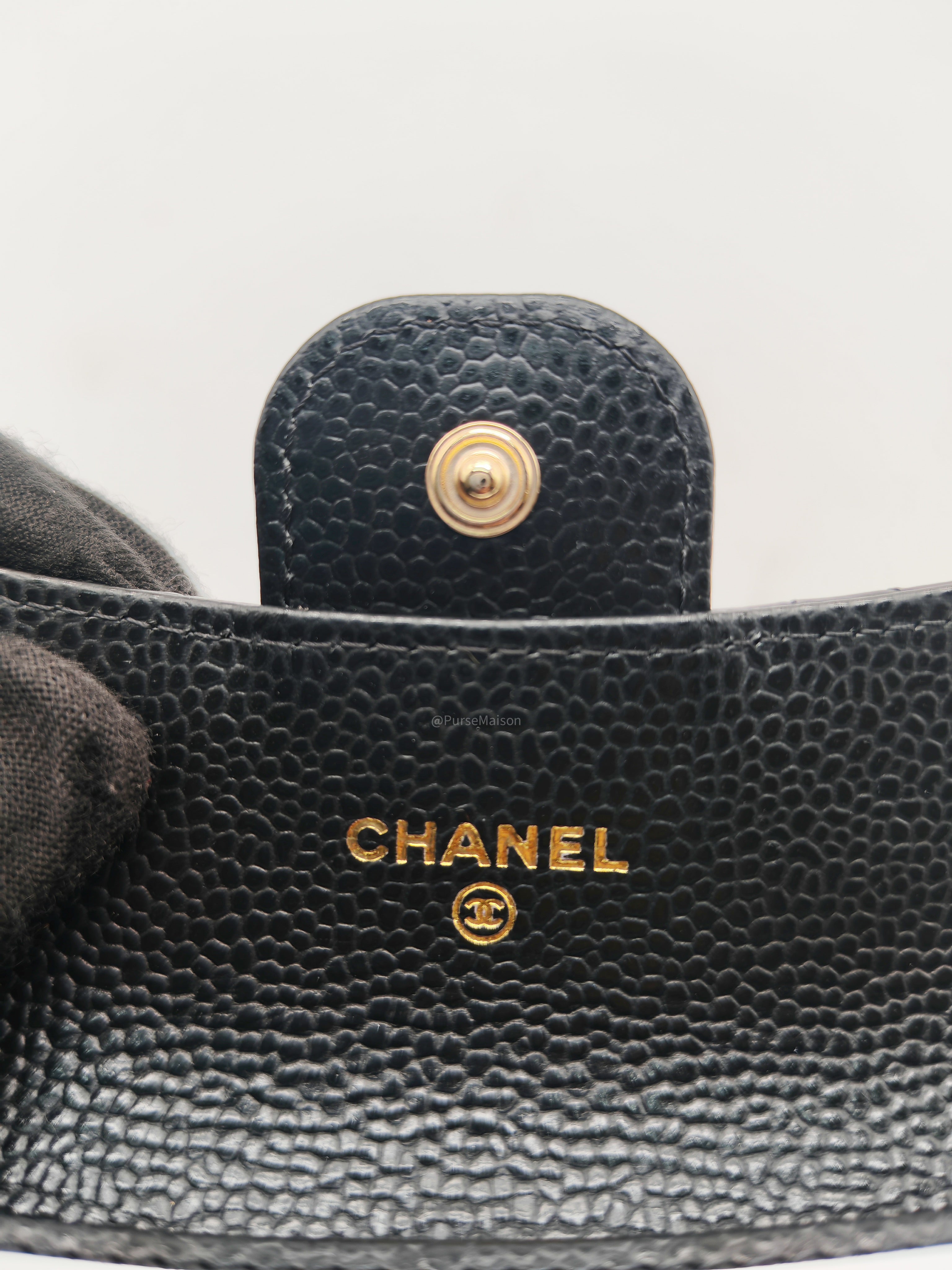 Chanel Classic Flap Card Holder in Black Caviar Leather and Gold Hardware (Microchip)