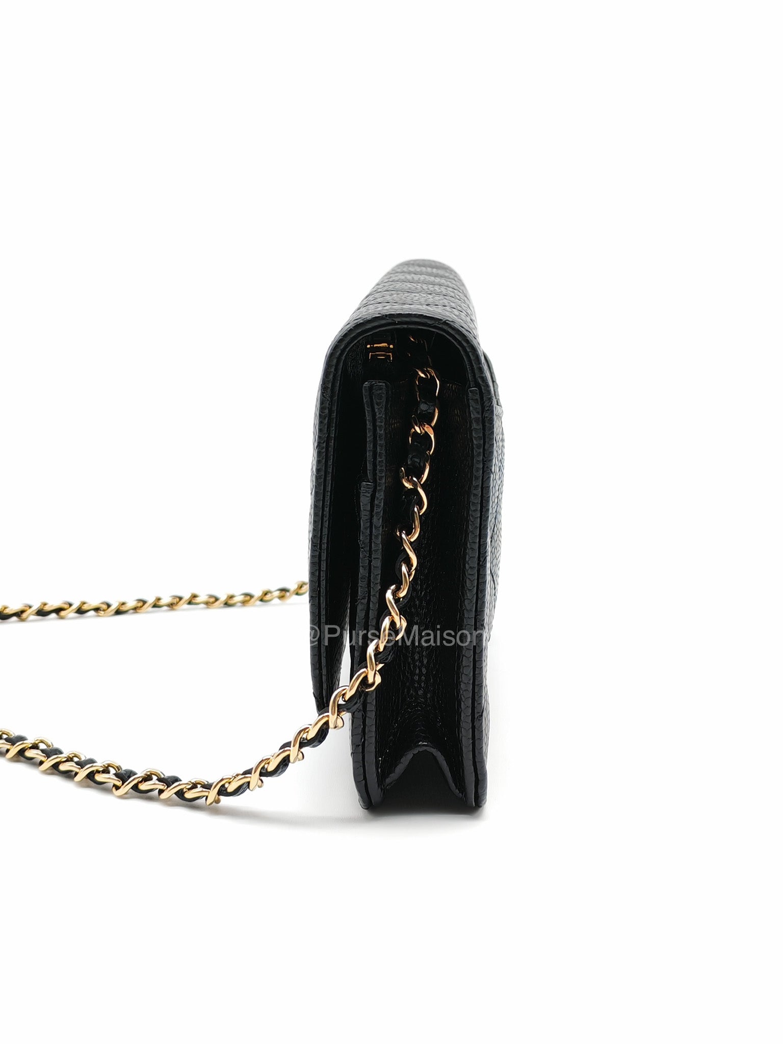 Chanel CC Turn-Lock Wallet on Chain(WOC) in Black Quilted Caviar Leather Gold Hardware (Microchip)