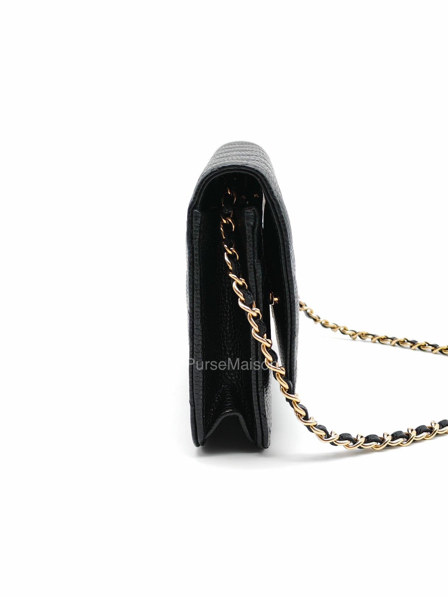 Chanel CC Turn-Lock Wallet on Chain(WOC) in Black Quilted Caviar Leather Gold Hardware (Microchip)