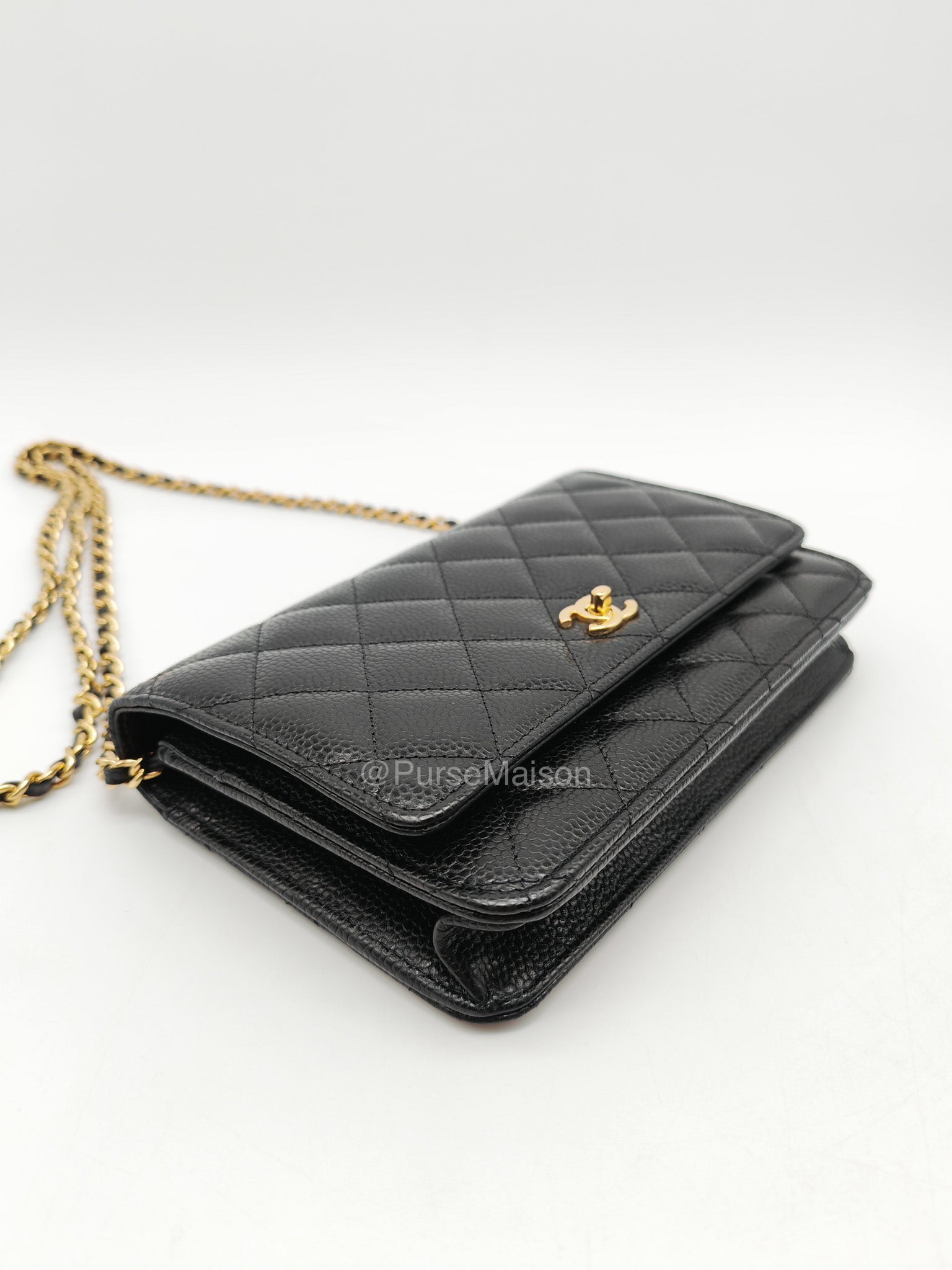 Chanel CC Turn-Lock Wallet on Chain(WOC) in Black Quilted Caviar Leather Gold Hardware (Microchip)