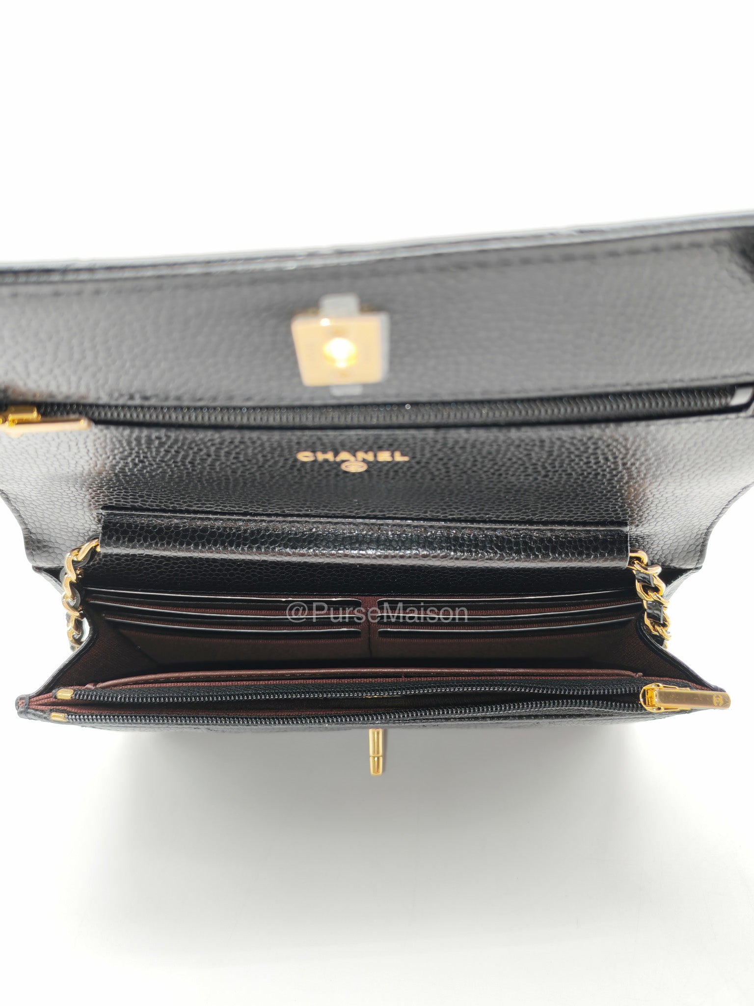 Chanel CC Turn-Lock Wallet on Chain(WOC) in Black Quilted Caviar Leather Gold Hardware (Microchip)