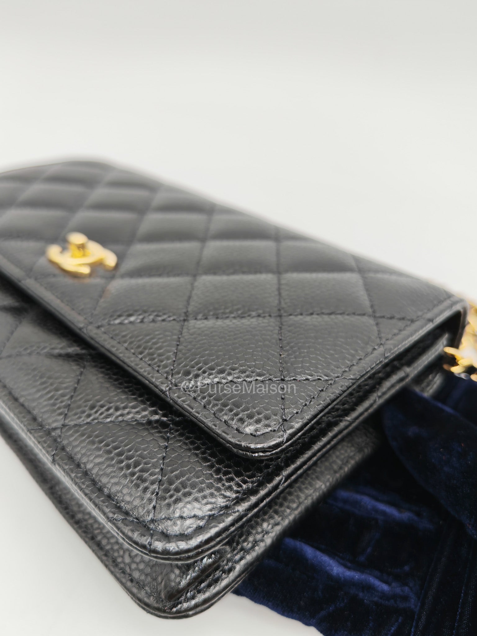 Chanel CC Turn-Lock Wallet on Chain(WOC) in Black Quilted Caviar Leather Gold Hardware (Microchip)