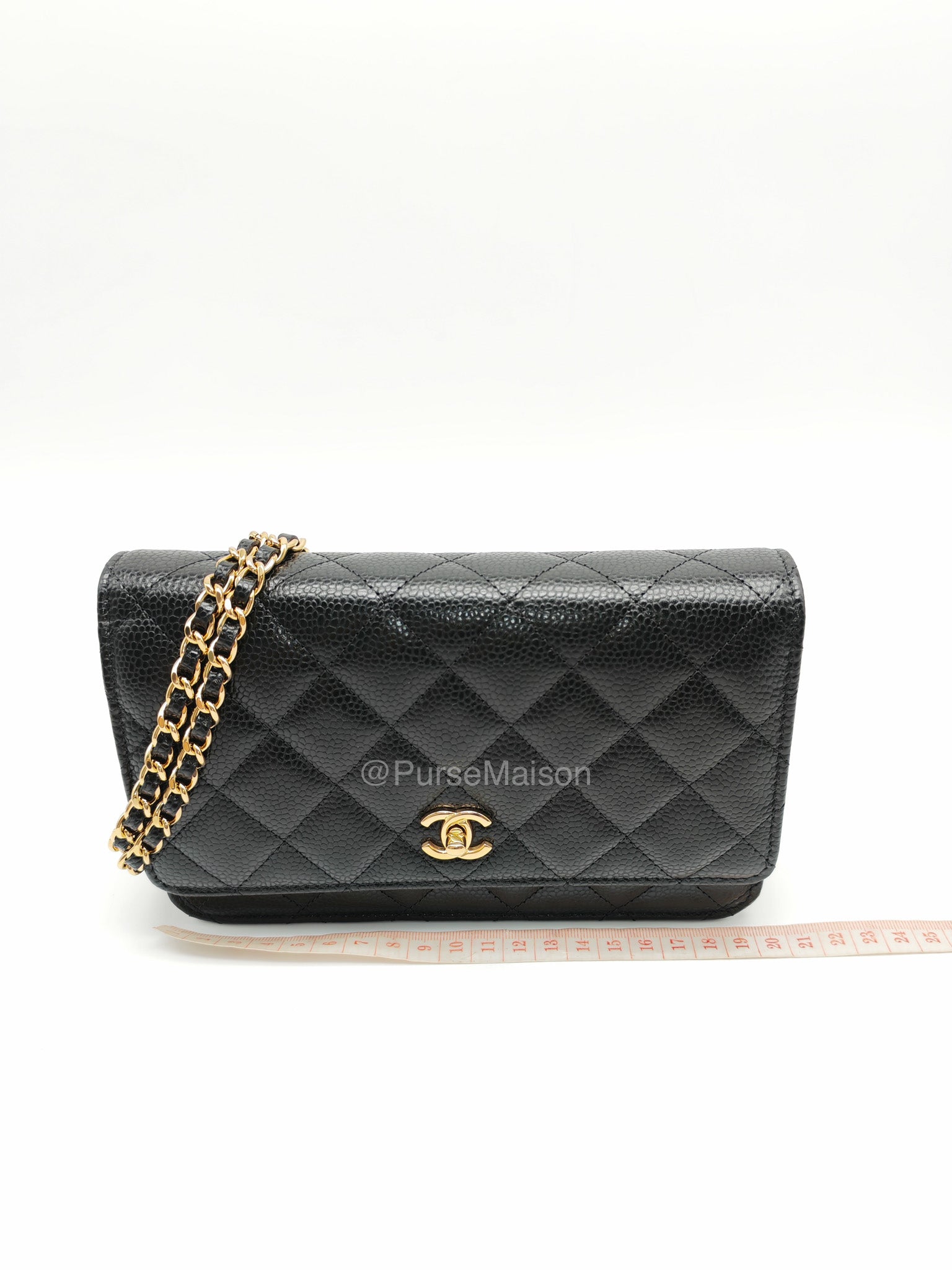 Chanel CC Turn-Lock Wallet on Chain(WOC) in Black Quilted Caviar Leather Gold Hardware (Microchip)