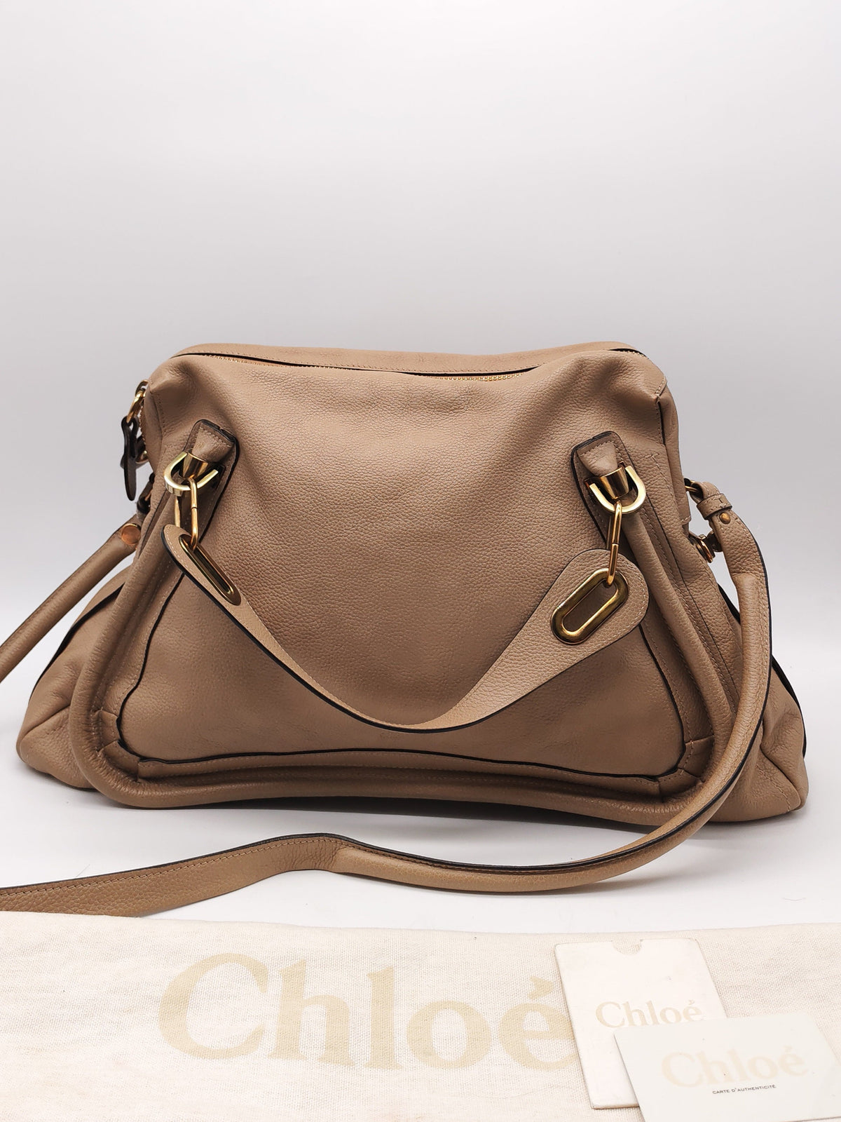 Chloe Paraty Shoulder Bag in Beige Grained Calfskin Leather and Gold Hardware