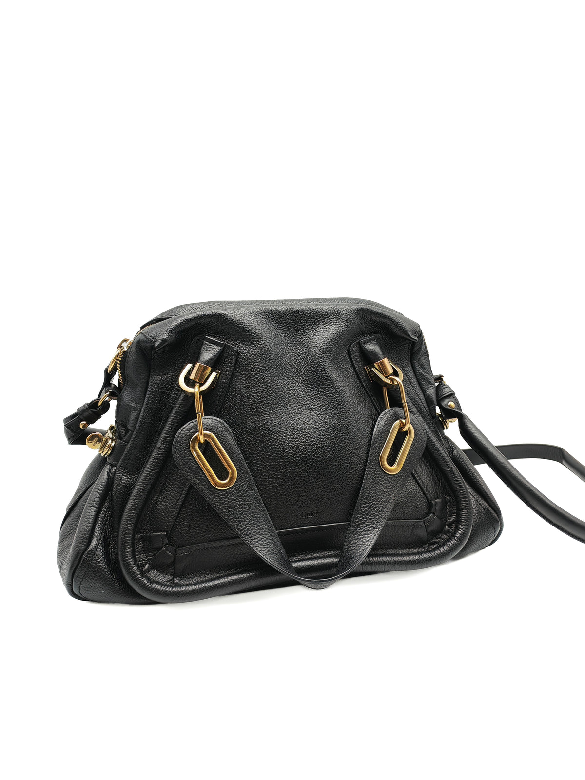 Chloe Paraty Top Handle Shoulder Bag in Black Grained Calfskin Leather and Gold Hardware