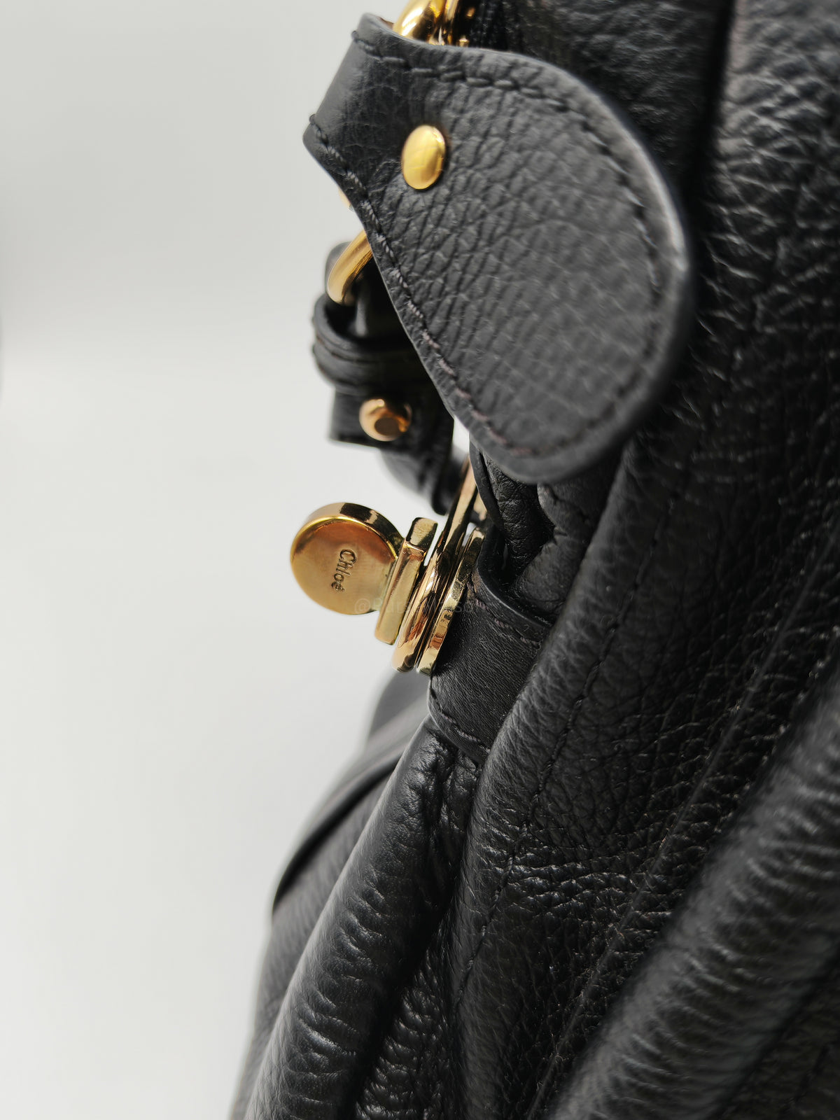 Chloe Paraty Top Handle Shoulder Bag in Black Grained Calfskin Leather and Gold Hardware