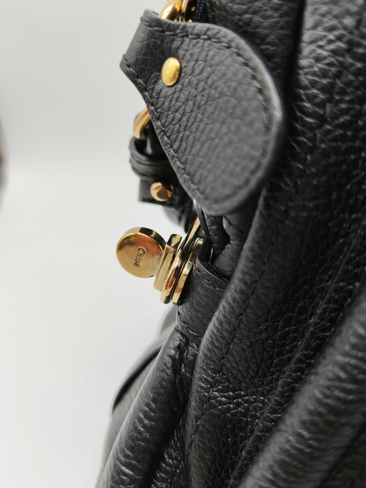 Chloe Paraty Top Handle Shoulder Bag in Black Grained Calfskin Leather and Gold Hardware