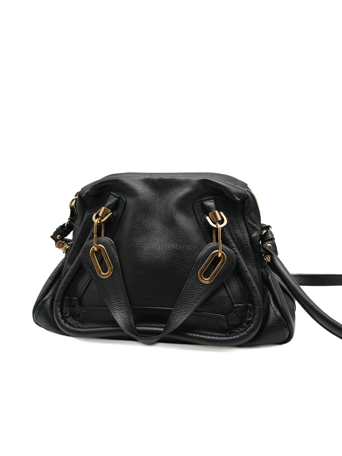 Chloe Paraty Top Handle Shoulder Bag in Black Grained Calfskin Leather and Gold Hardware