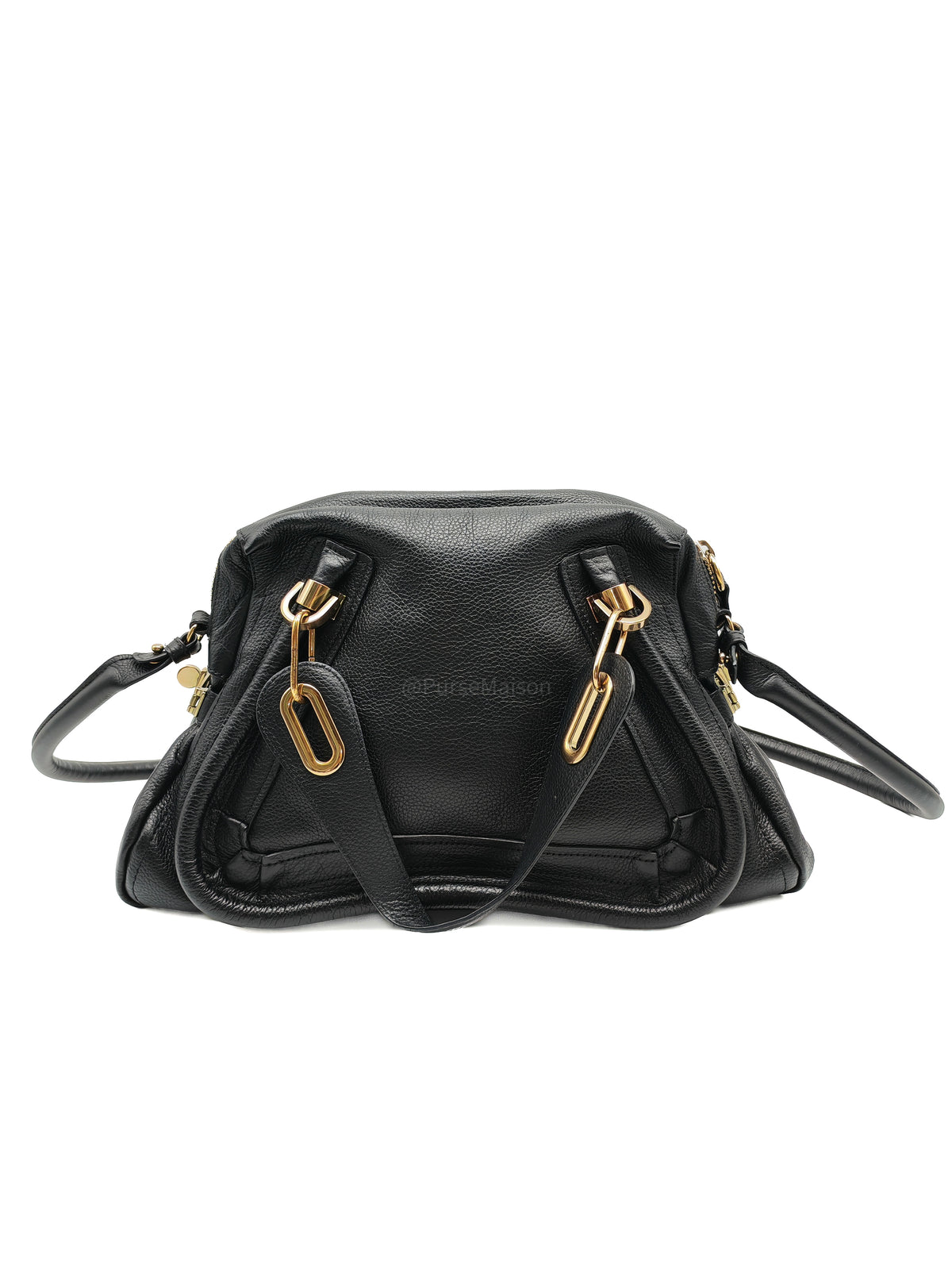 Chloe Paraty Top Handle Shoulder Bag in Black Grained Calfskin Leather and Gold Hardware