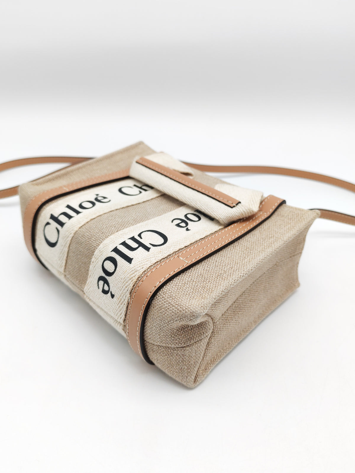 Chloe Mini Woody Tote Bag in Brown Linen Canvas