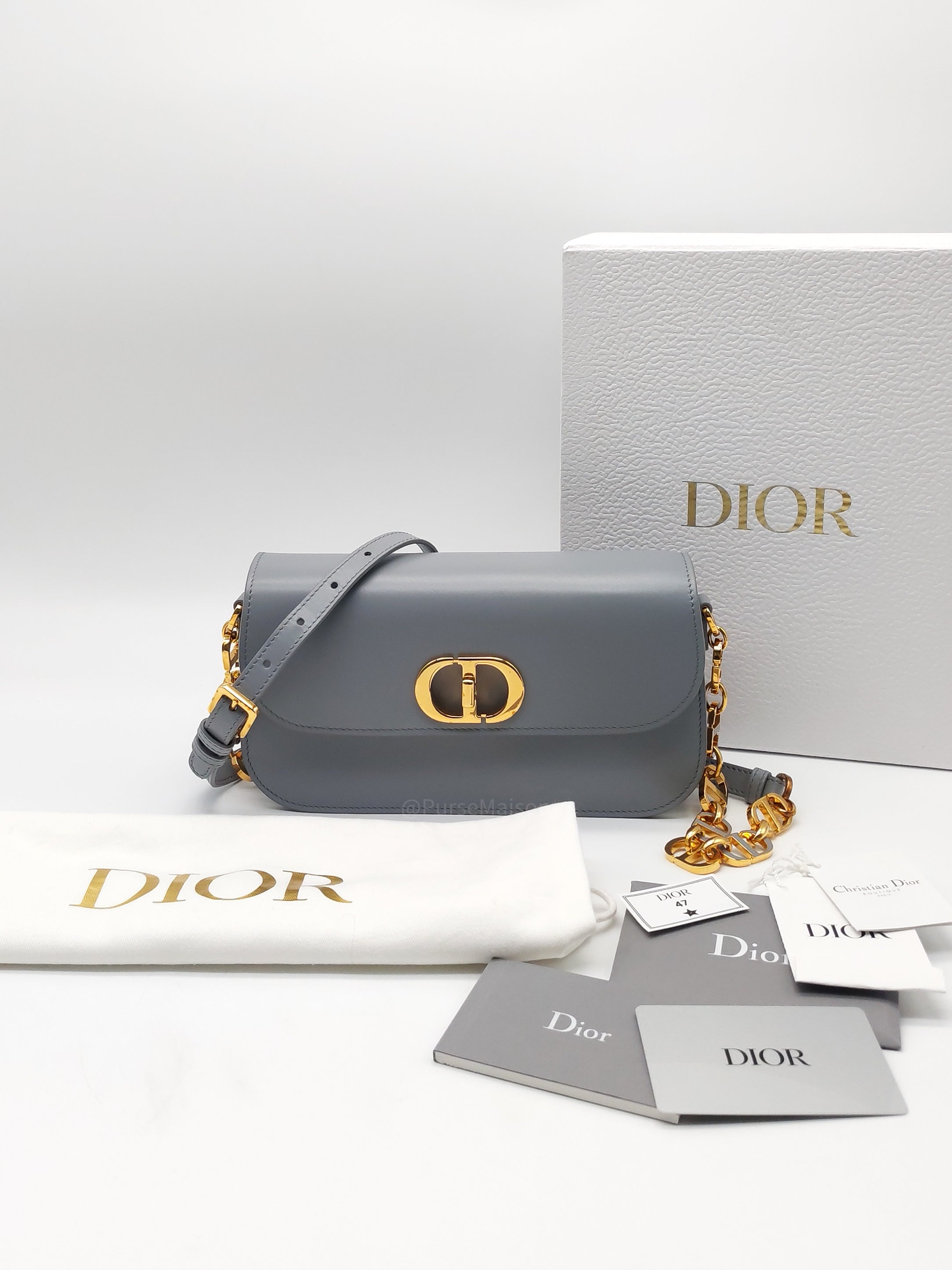 Christian Dior 30 Montaigne Avenue Bag in Gray Box Calfskin Leather and Gold Hardware