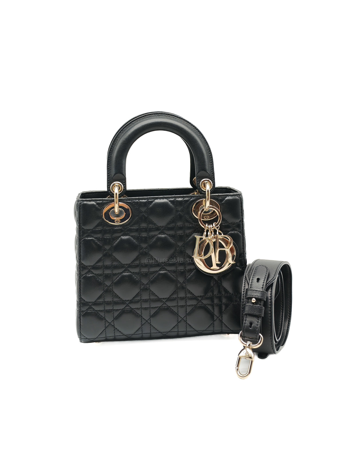Christian Dior Lady Dior Bag Small in Black Lambskin Leather Light Gold Hardware