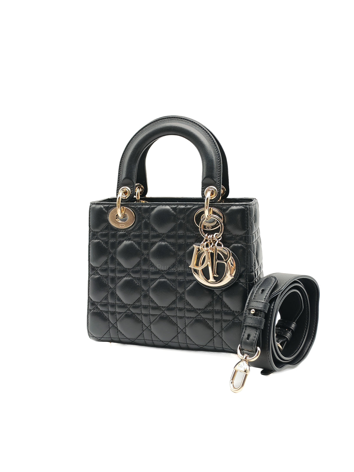 Christian Dior Lady Dior Bag Small in Black Lambskin Leather Light Gold Hardware