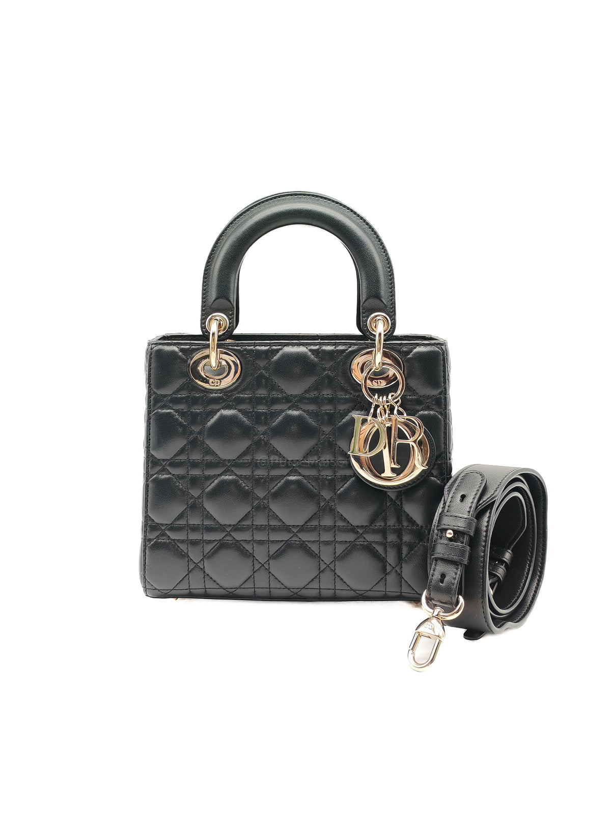 Christian Dior Lady Dior Bag Small in Black Lambskin Leather Light Gold Hardware